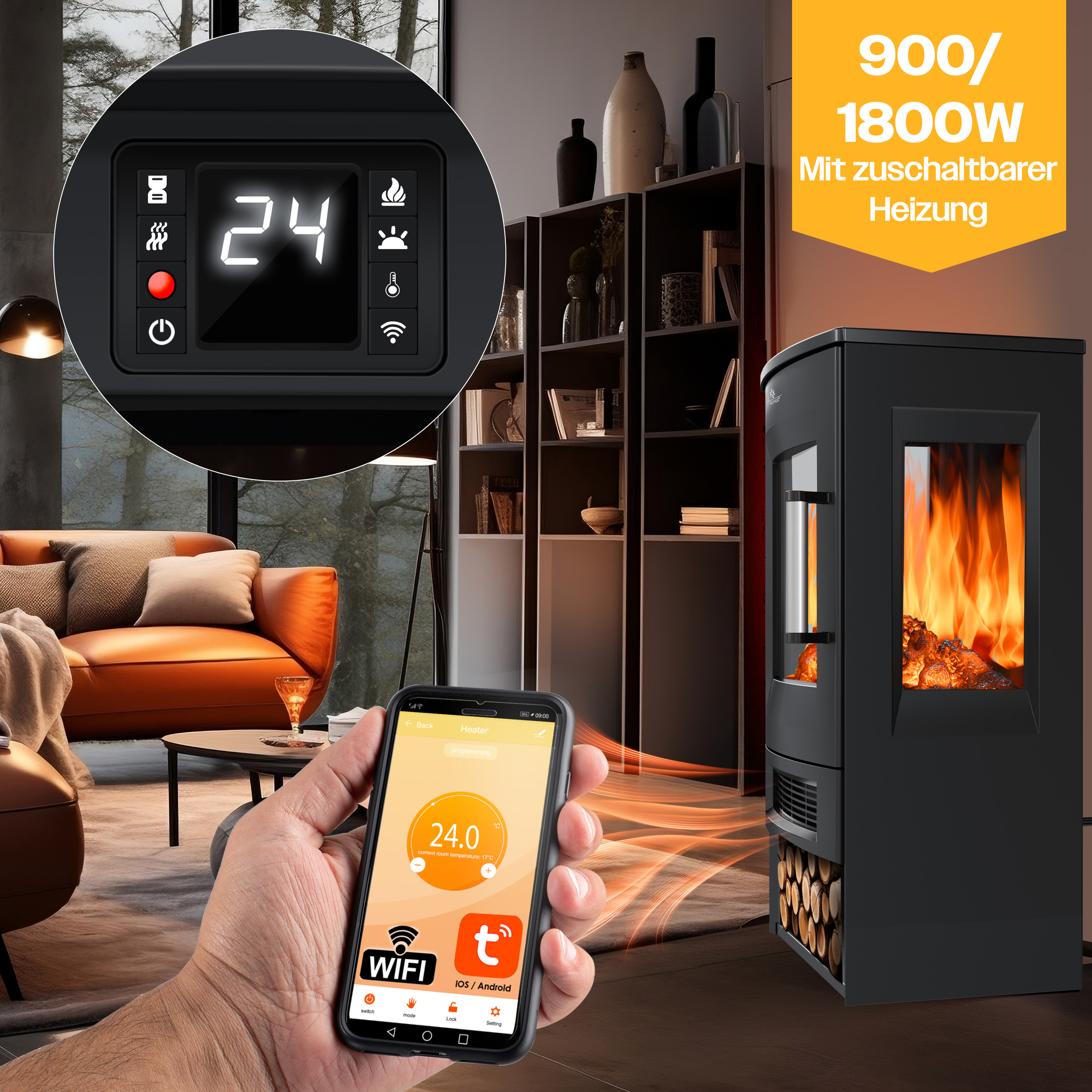 Moderne Kaminheizung mit Flammeneffekt und Smartphone-Steuerung in einem gemütlichen Wohnzimmer.
