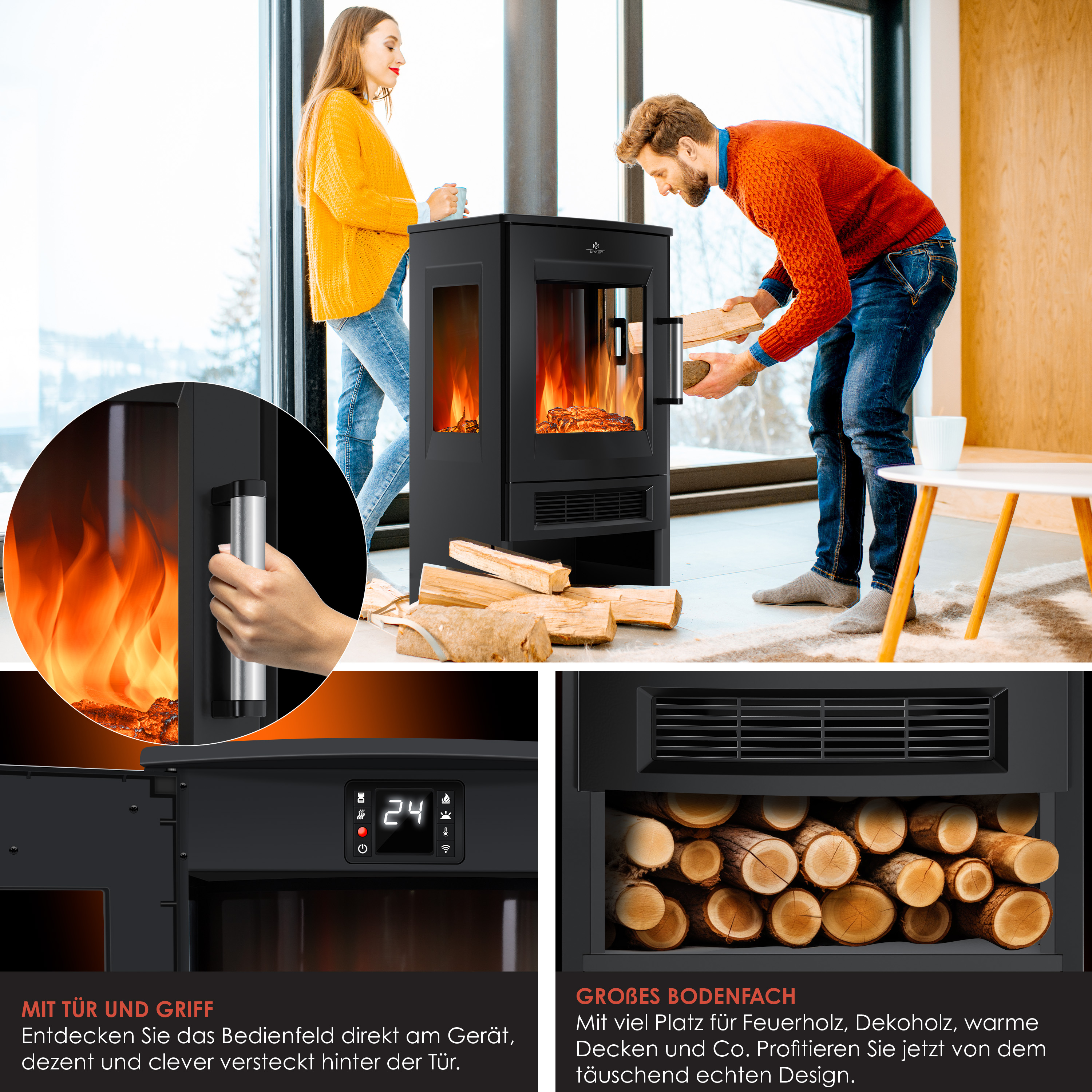 Ein Mann legt Holz in einen Kamin, während eine Frau zusieht; Detailansichten zeigen Bedienelemente und Holzfach.