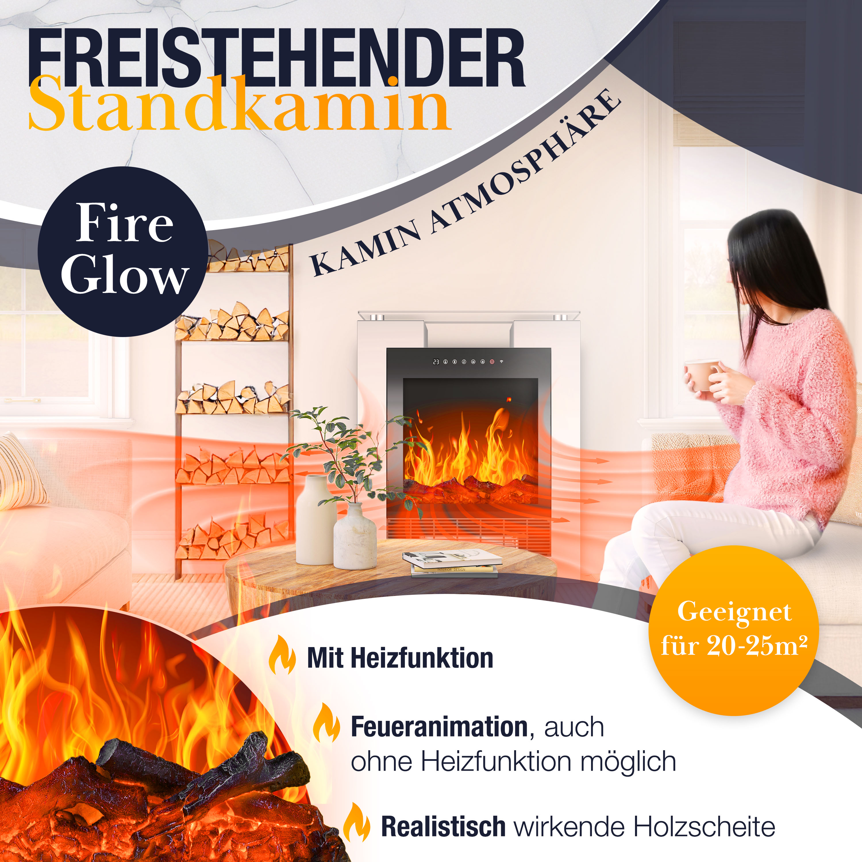 Freistehender Elektrokamin mit realistischer Feueranimation, Heizfunktion und Holzschnitt-Details in einem Wohnzimmer.