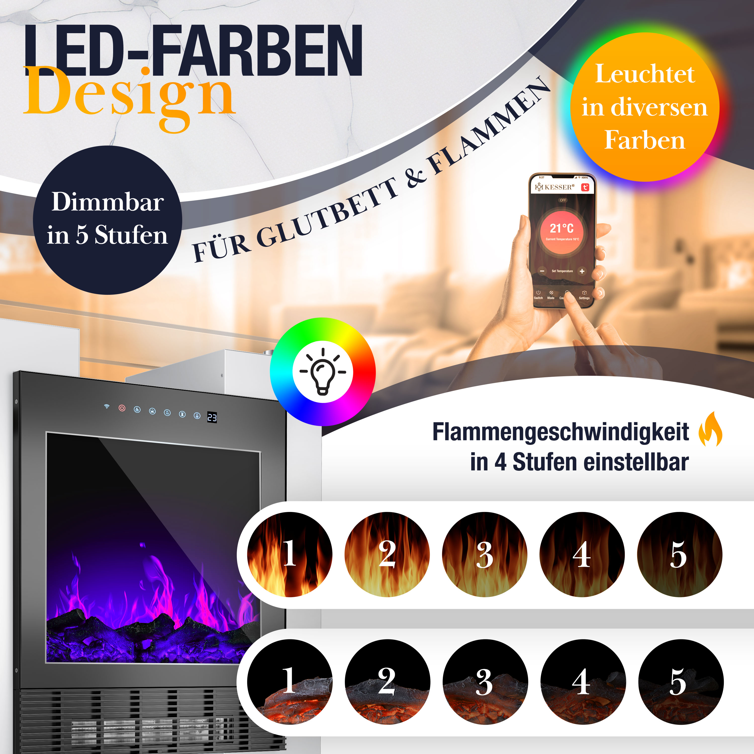 Ein Elektrokamin mit blau-violetten LED-Flammen und einstellbaren Funktionen auf einem Werbeplakat.