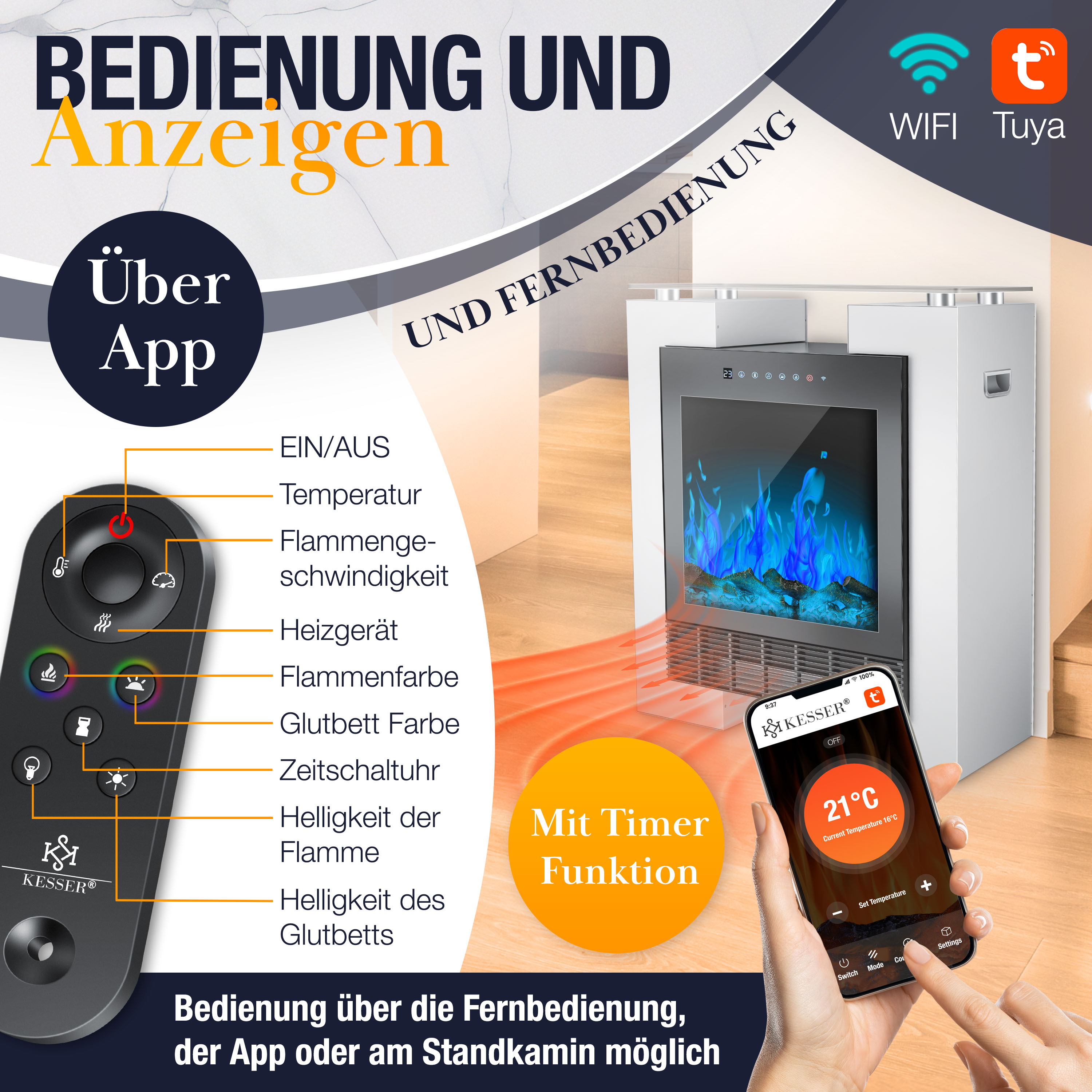 Elektrokamin mit Fernbedienung und App-Steuerung, blauen Flammen und Timer-Funktion.