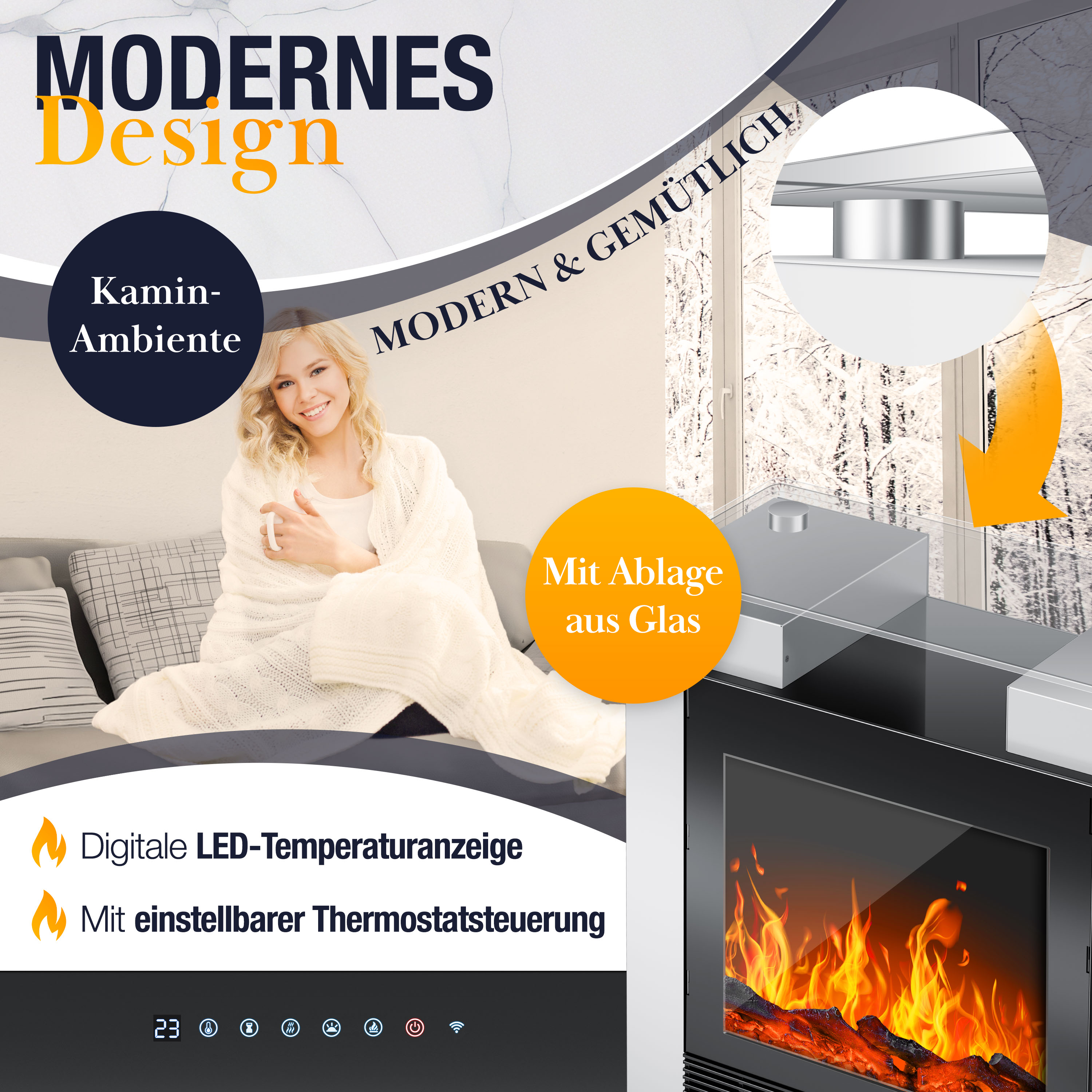 Moderne Kamin-Ambiente mit Glasablage, digitaler LED-Temperaturanzeige und einstellbarem Thermostat.