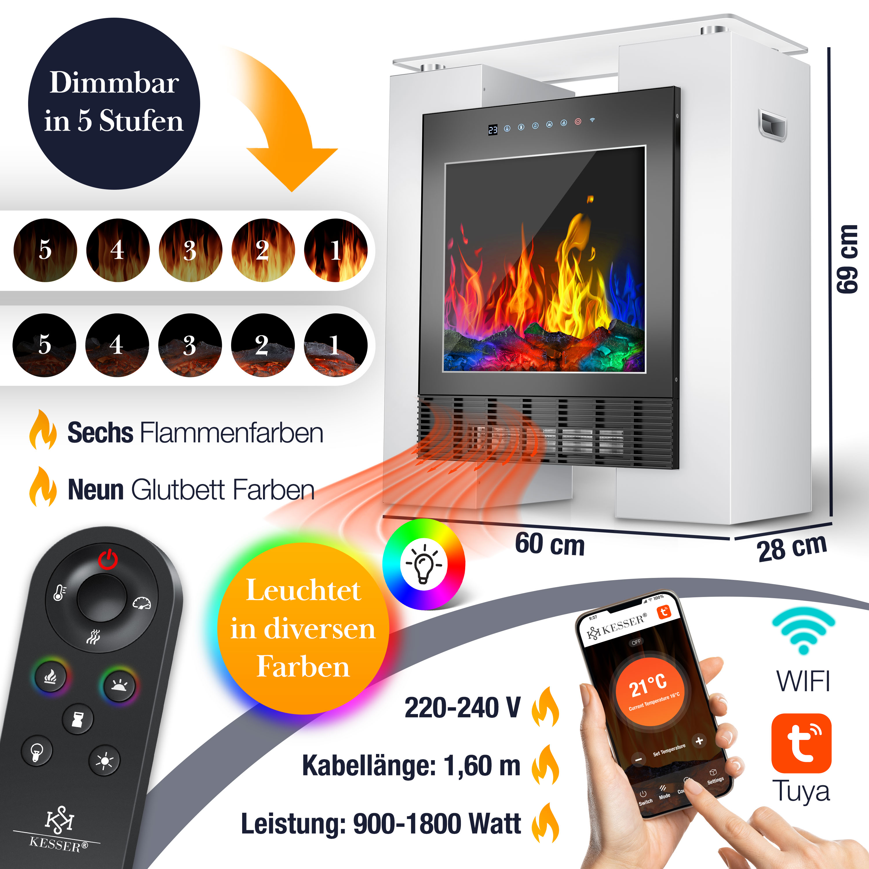 Eine Produktinfografik eines Kesser Elektrokamins mit Maßen, Fernbedienung, App-Steuerung und Farboptionen.