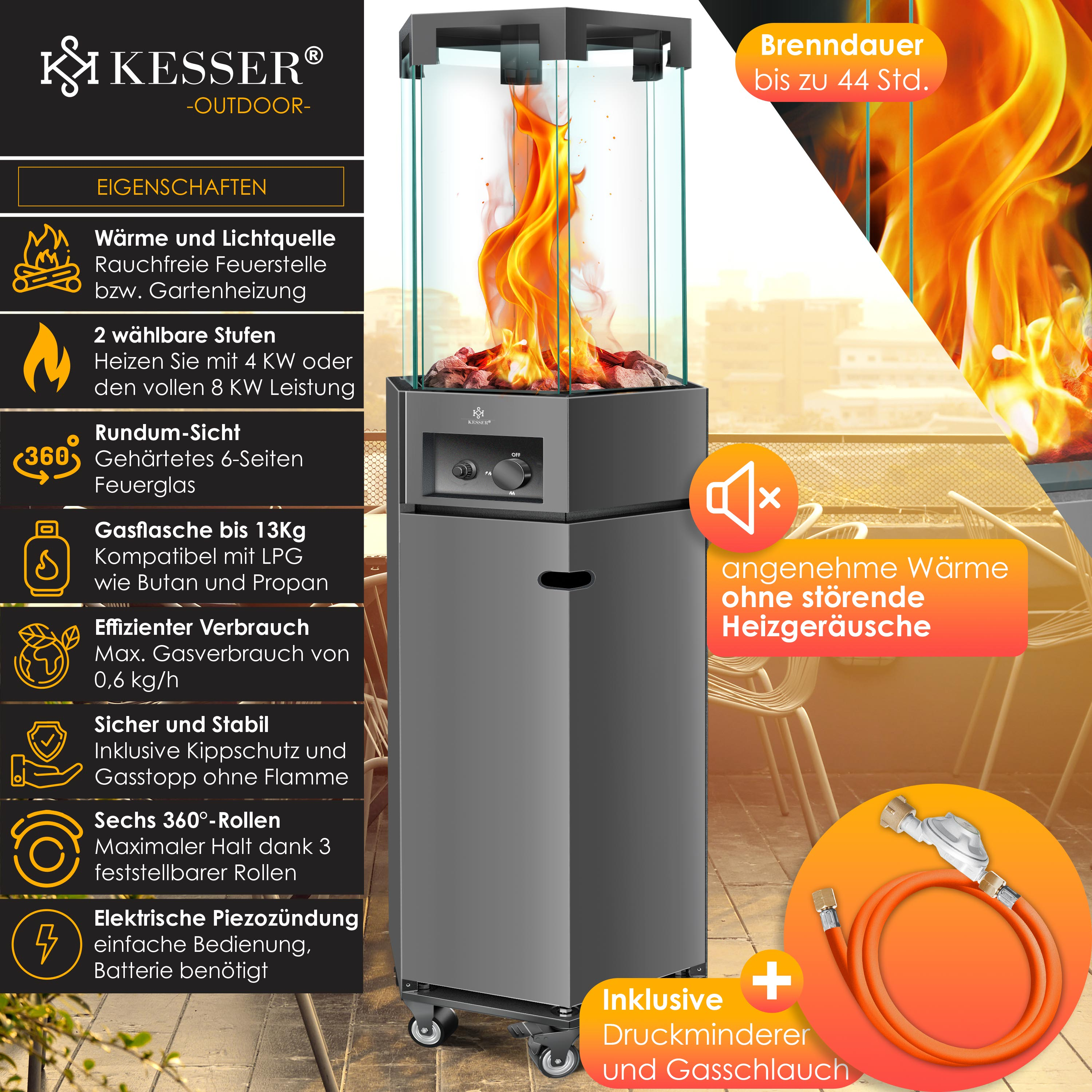 Grauer Kesser Gas-Heizstrahler mit echter Flamme, Rollen und deutscher Produktbeschreibungen.