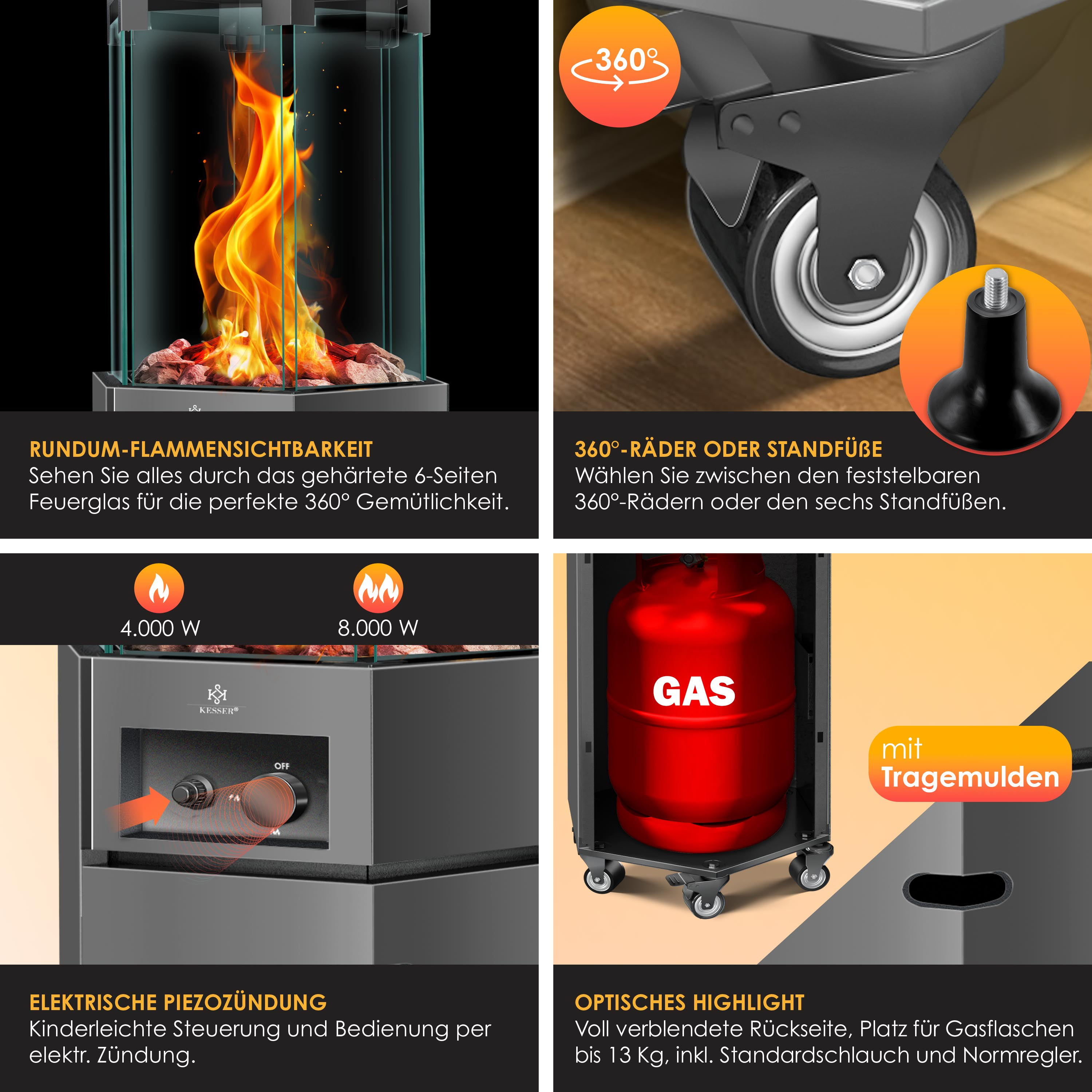 Vier Bilder zeigen Produktdetails eines Gasheizers mit Flamme, Rädern, Bedienfeld und Gasflasche.