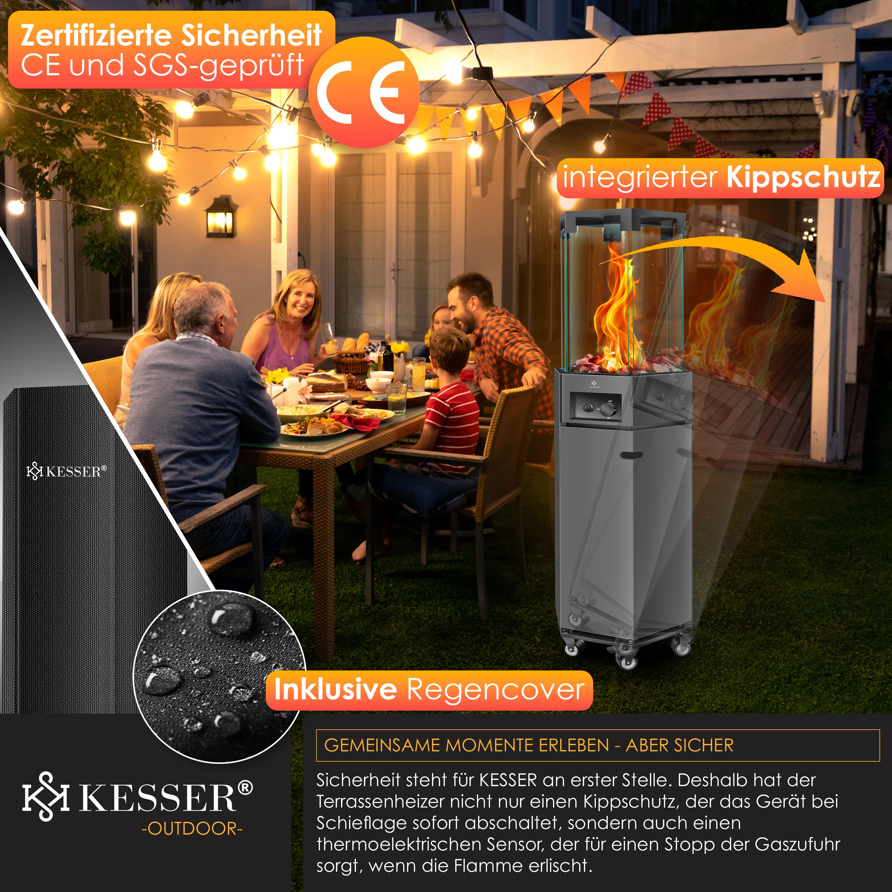 Terrassenheizer mit Flamme bei einem gemütlichen Abendessen im Freien mit Familie.