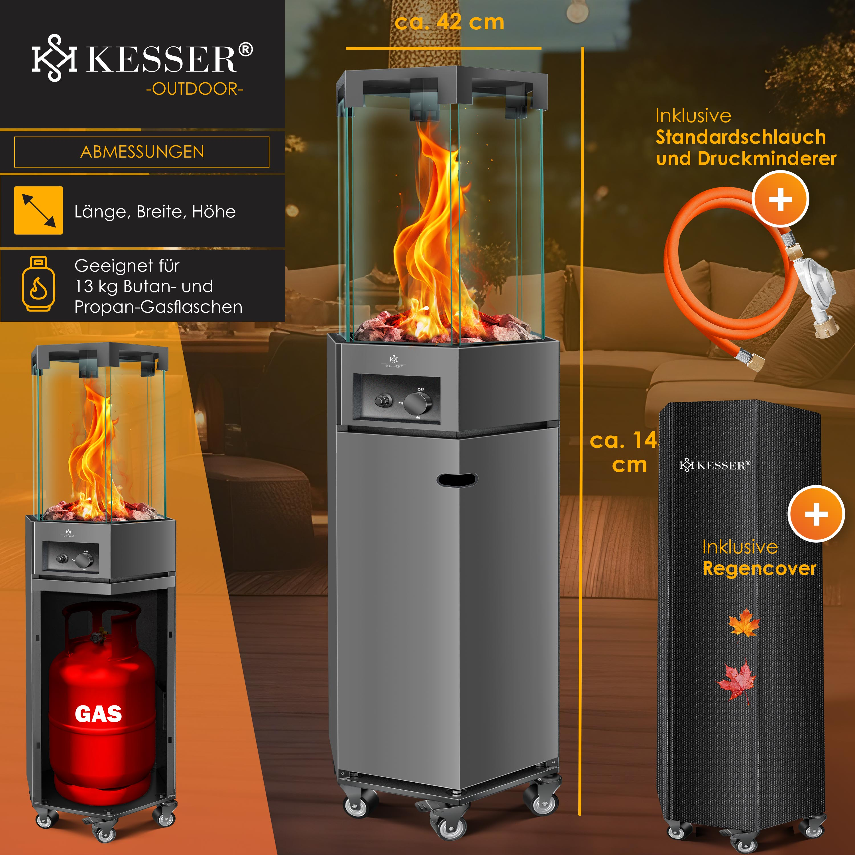 Kesser Outdoor-Gaskamin mit Flamme, Maßen, Gasschlauch und Regencover.
