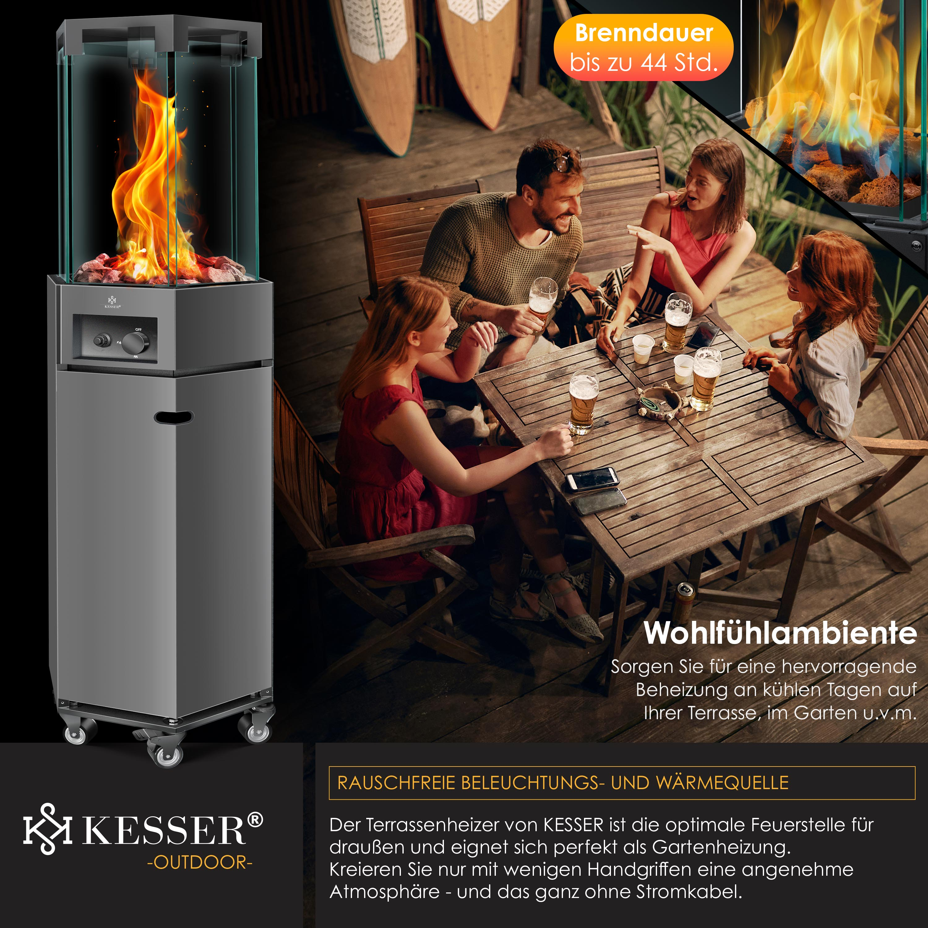 Ein moderner Kesser Terrassenheizer mit Flamme und eine Gruppe, die draußen am Holztisch sitzt.