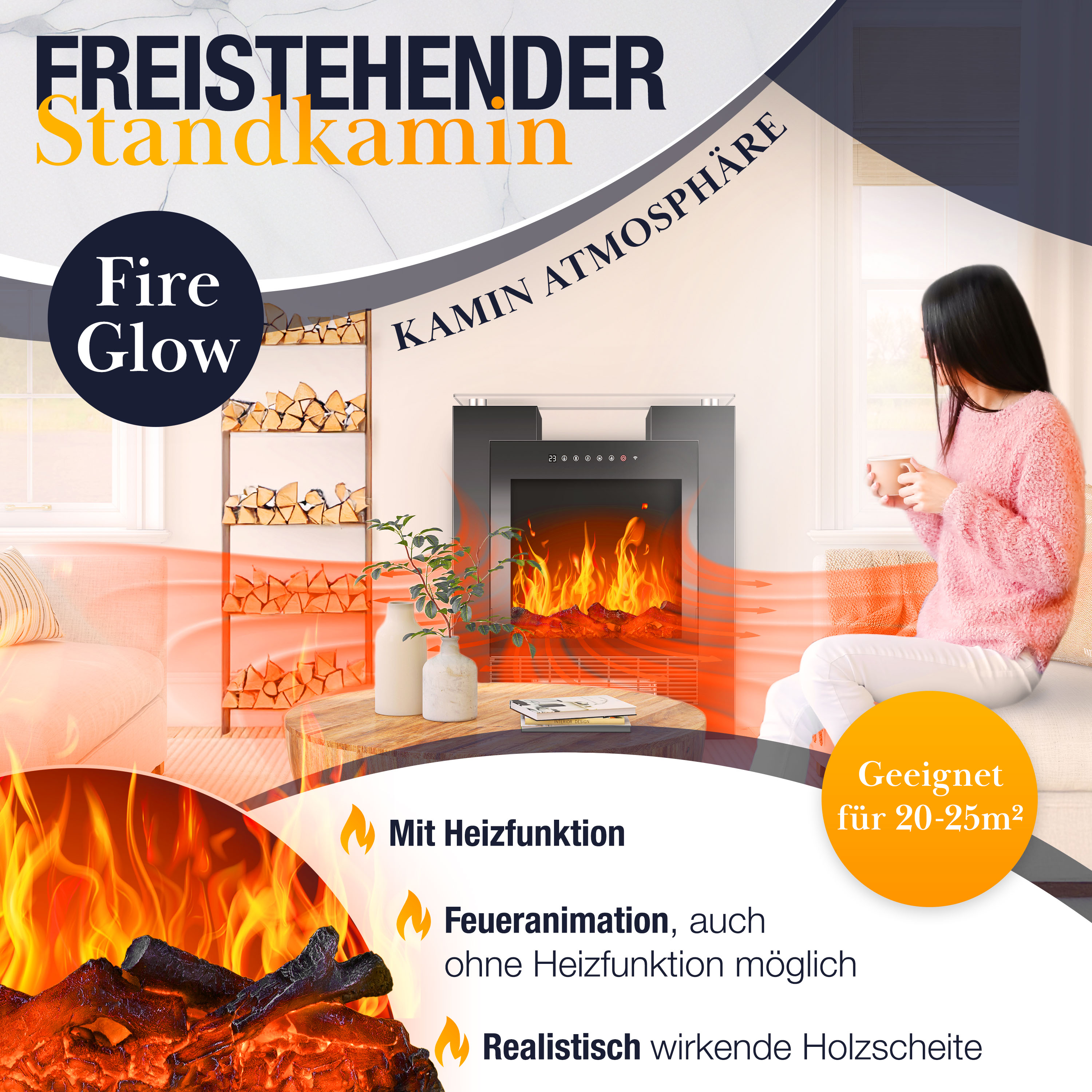 Freistehender Elektro-Standkamin mit realistischer Holzfeuer-Animation, Heizfunktion und holzregal im Hintergrund.