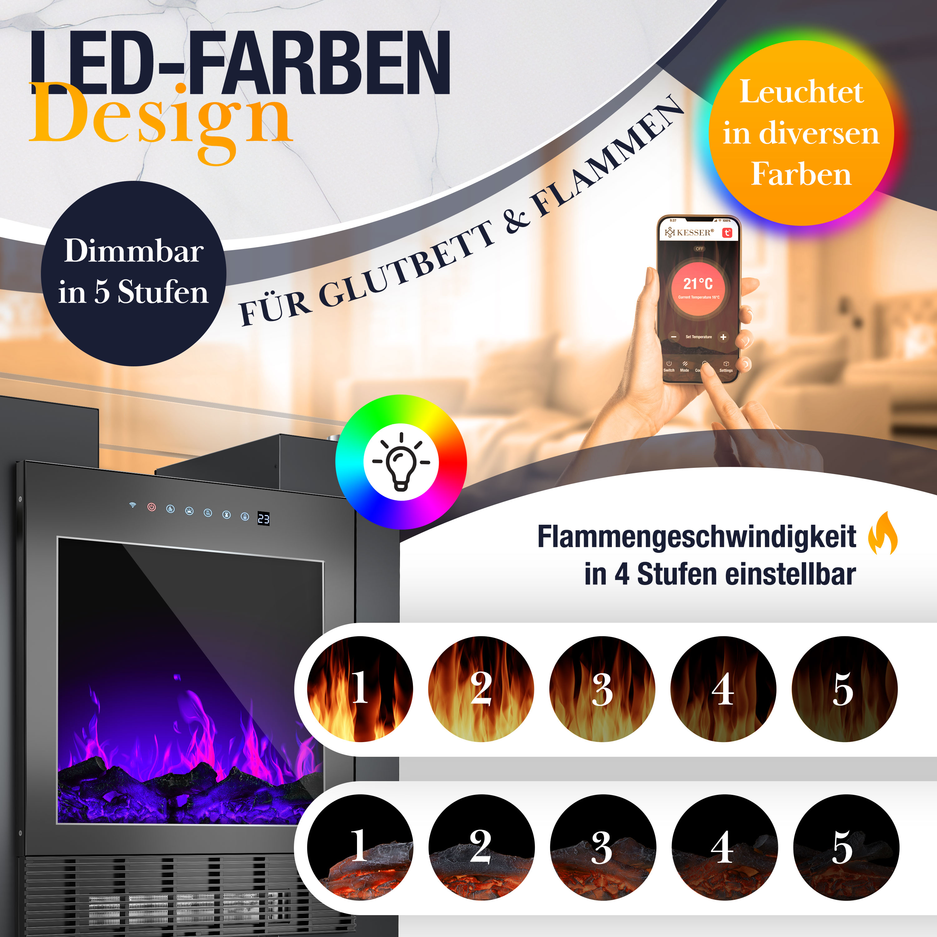 Ein Elektrokamin mit einstellbaren violetten Flammen, dimmbaren LED-Ländern und App-Steuerung.