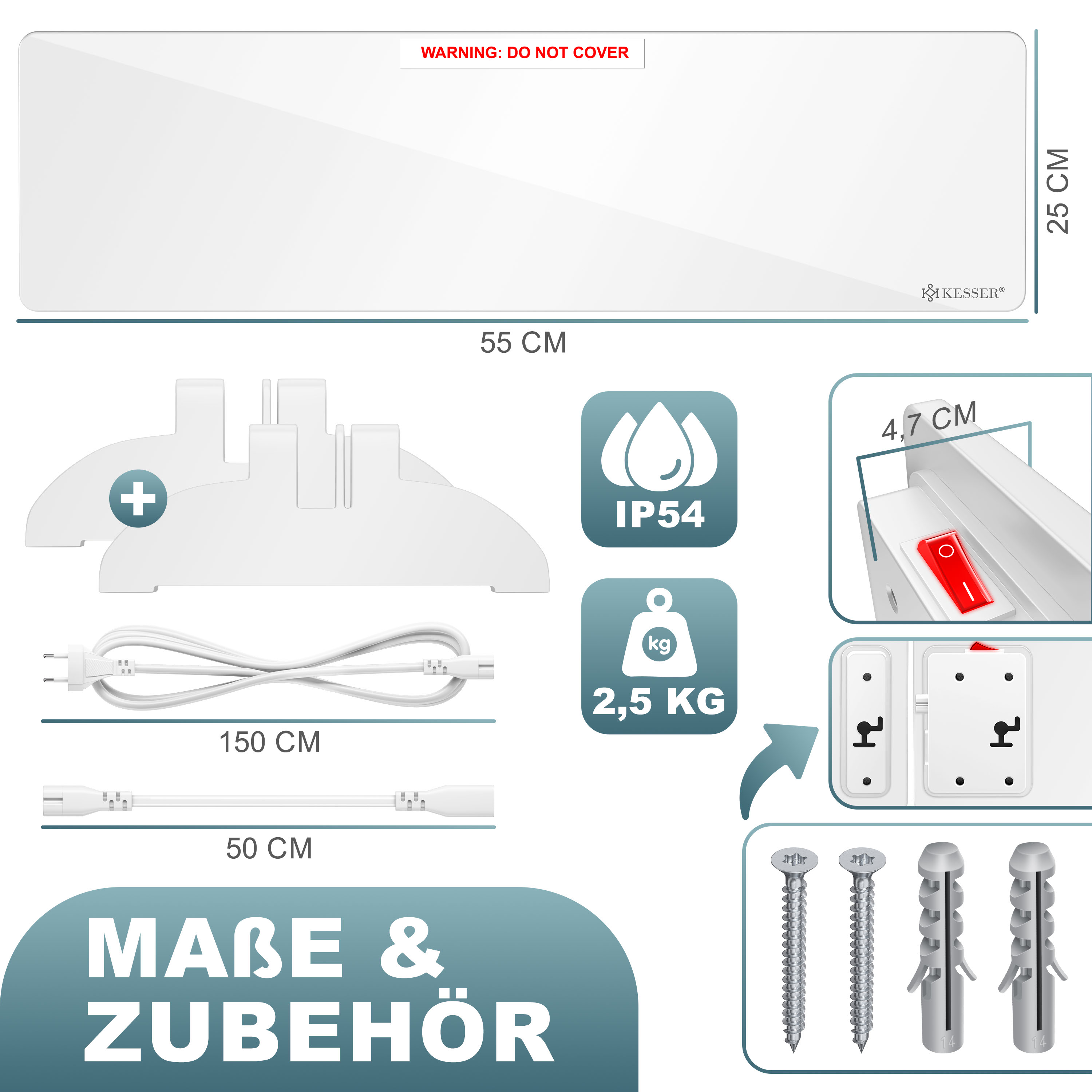 Diagramm zeigt Heizung, Abmessungen, Ständer, Kabel, IP54, Gewicht, Schalter, Schrauben und Dübel.