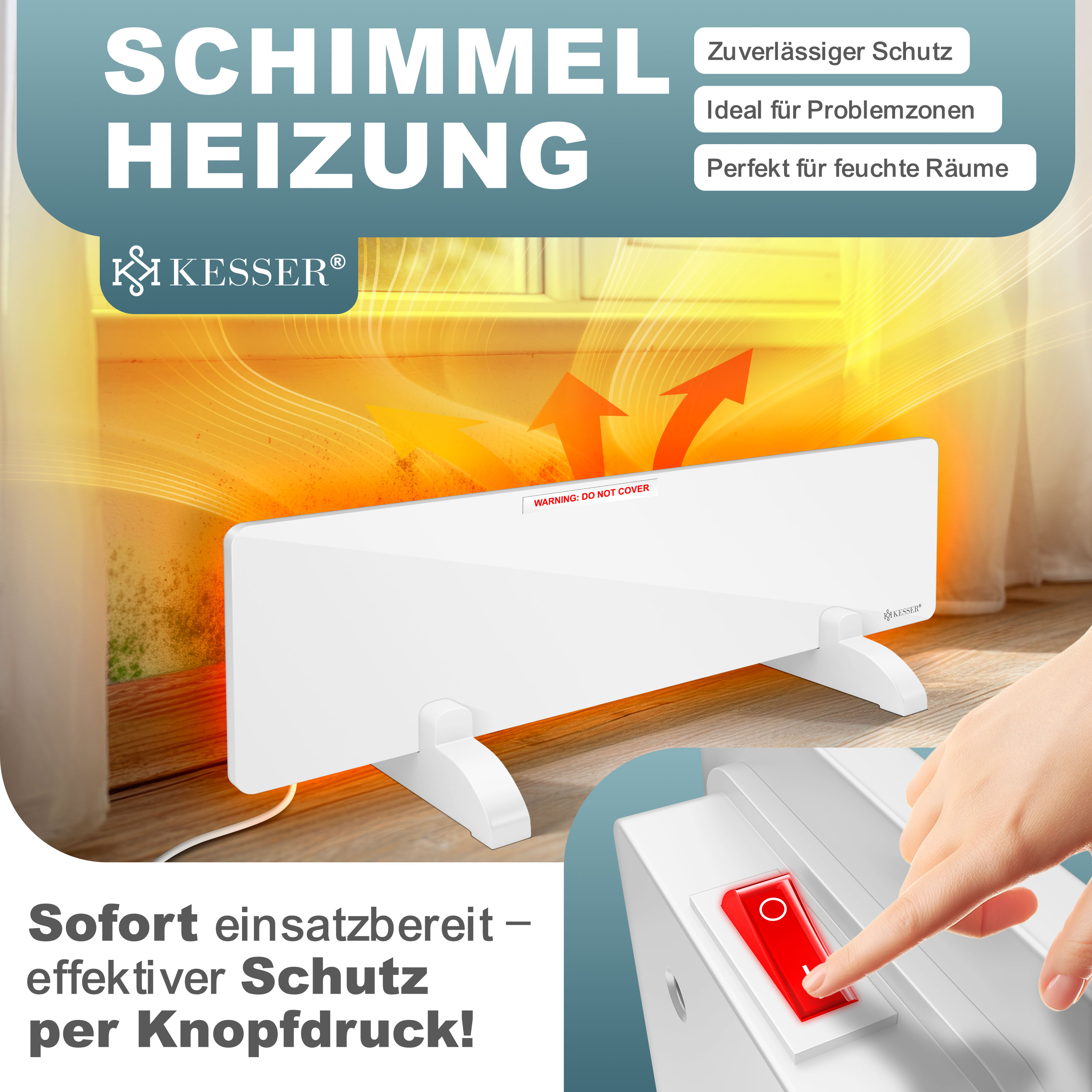 Ein weißes KESSER-Heizpaneel steht auf Holz, während eine Hand den roten Schalter drückt.