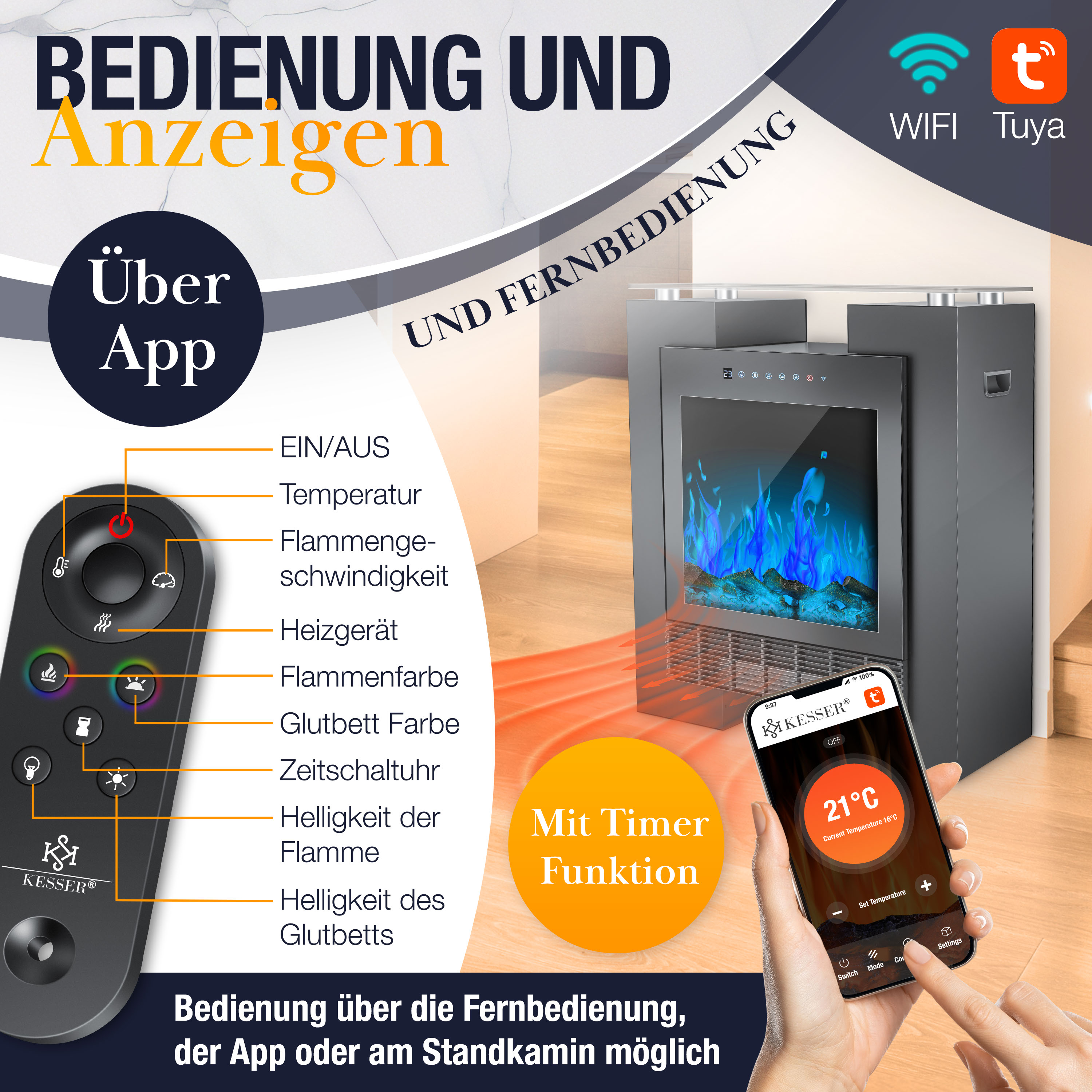Ein Elektrokamin mit Fernbedienung, Smartphone-App und WLAN-Funktion, der blaue Flammen zeigt.