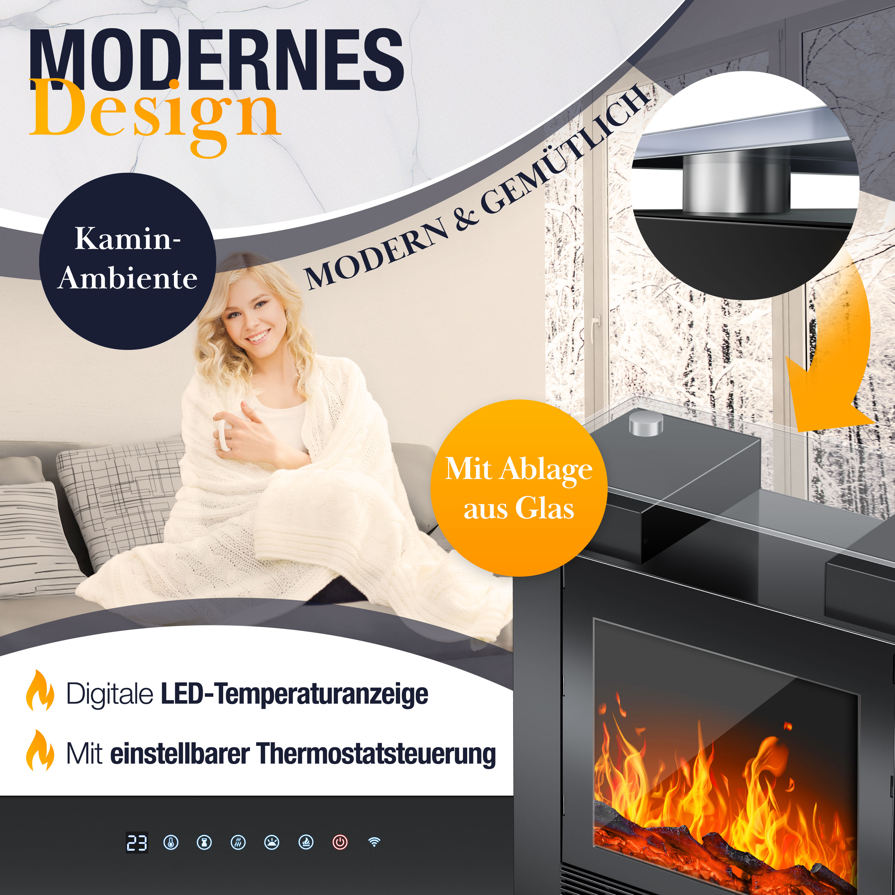 Moderne Kamin-Ambiente mit LED-Anzeige, Glastisch und kuscheliger Frau auf Sofa.