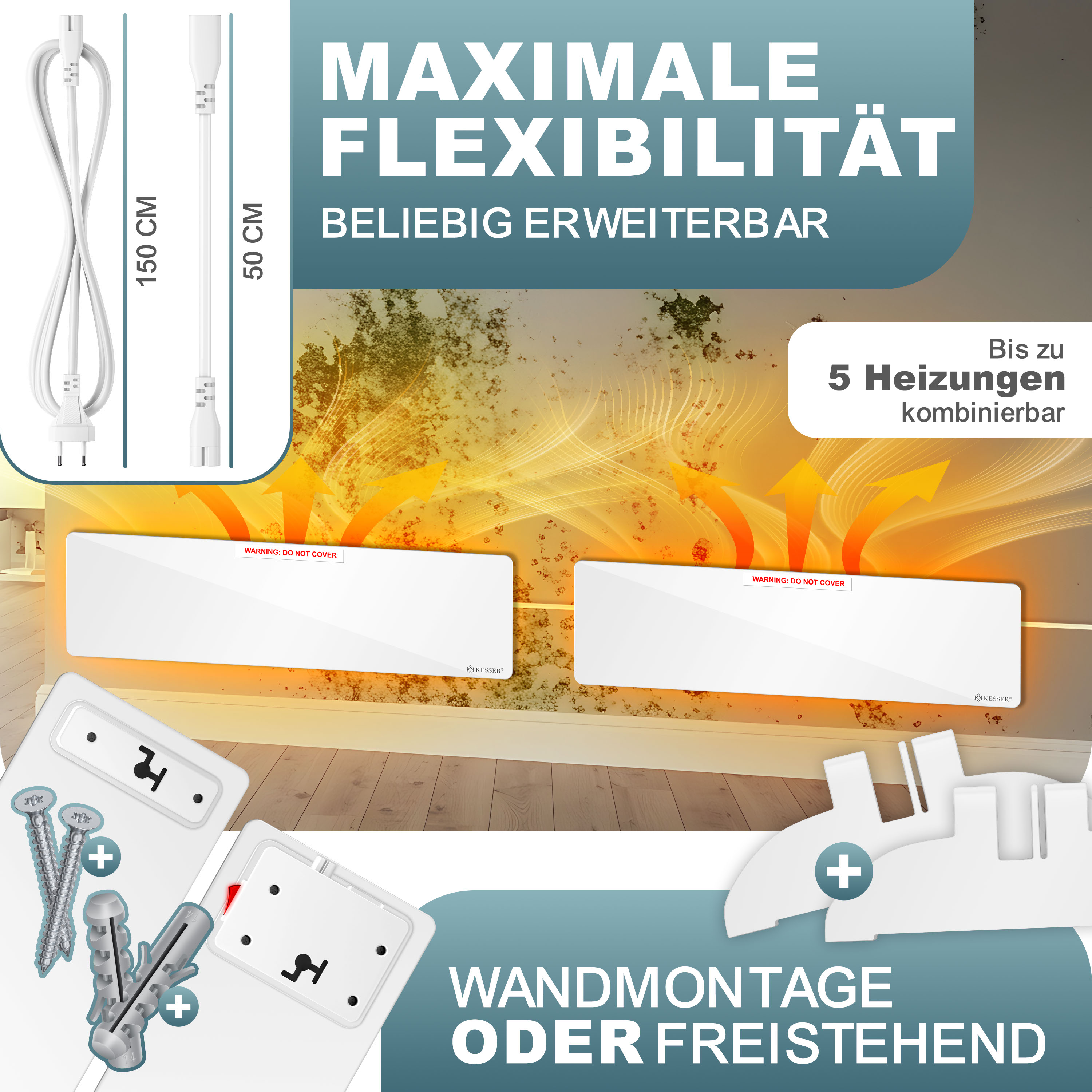Zwei weiße Infrarotheizungen mit Wandhalterung, Kabeln und Schrauben vor einer Wand mit aufsteigender Wärmestrahlung.