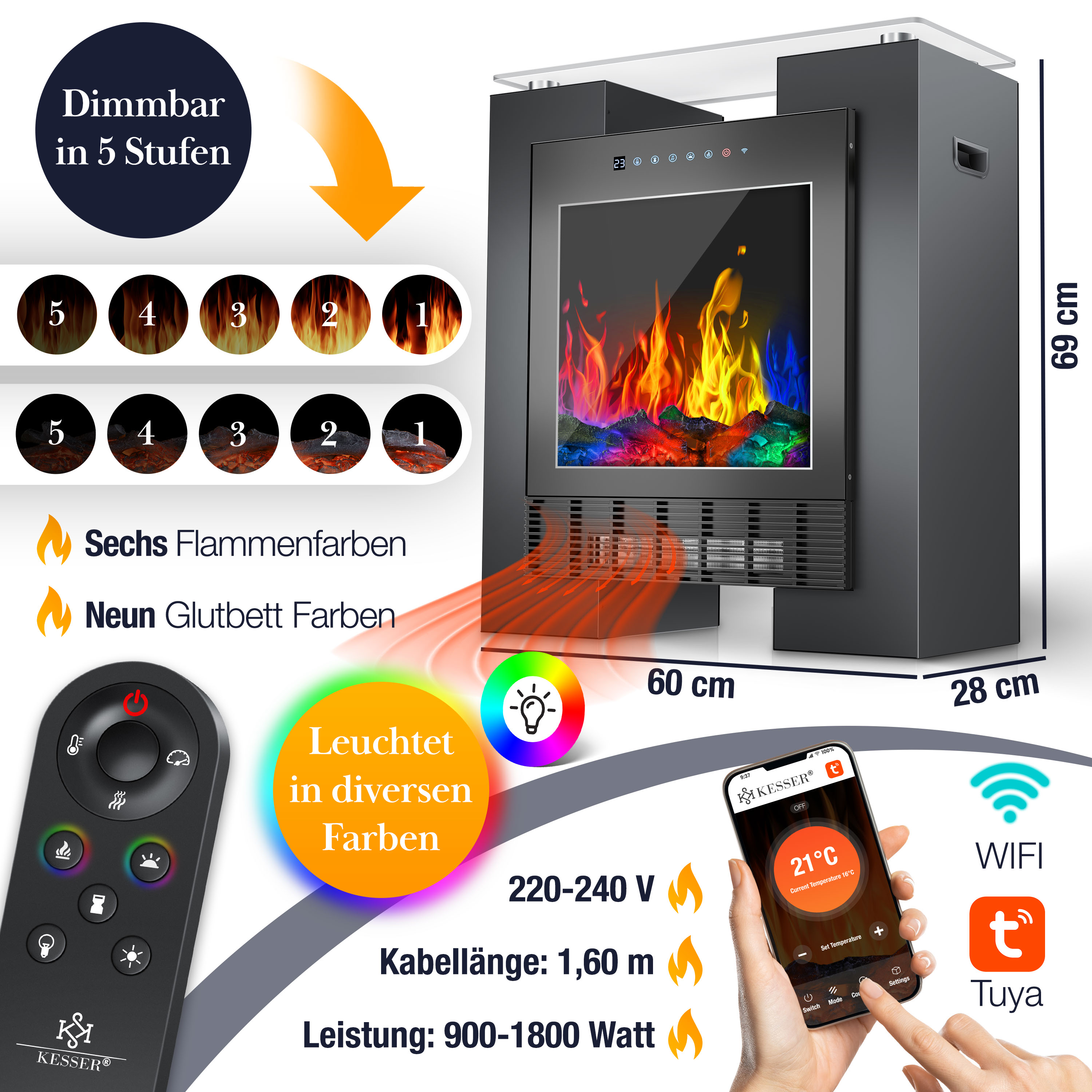Elektrischer Kamin mit bunten Flammen, Fernbedienung, App-Steuerung, Maßen und technischen Daten.