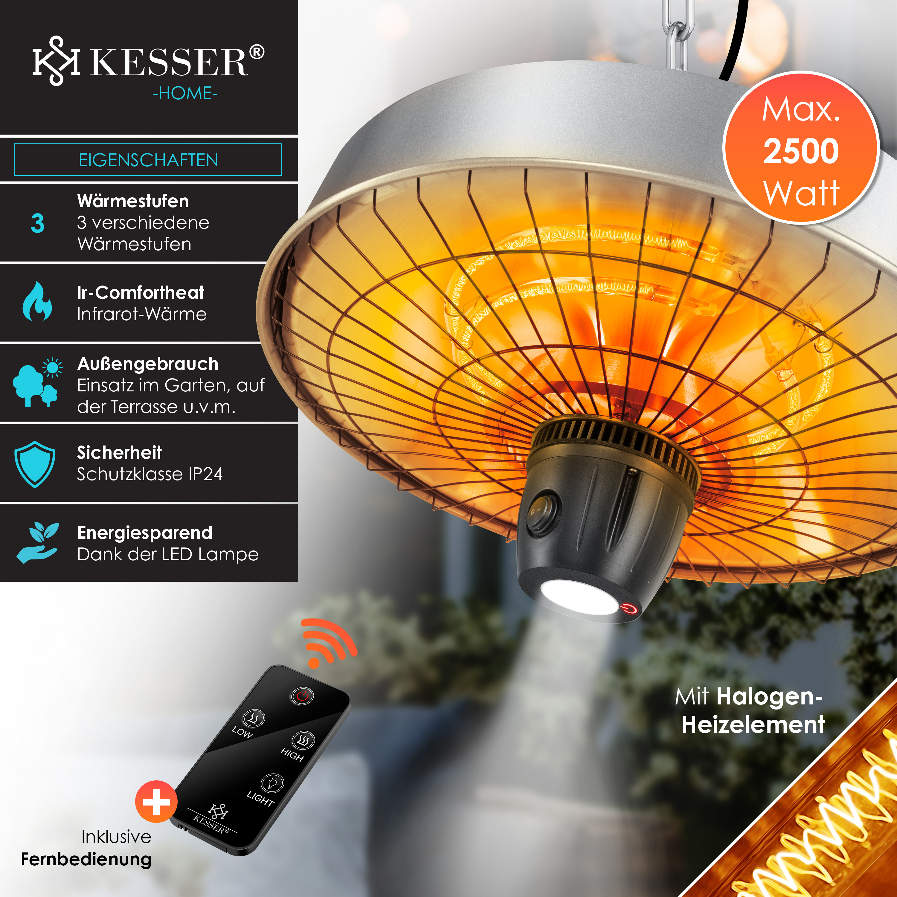 Kesser Infrarot-Heizstrahler mit 2500W, Halogenelement und Fernbedienung vor dunklem Hintergrund.