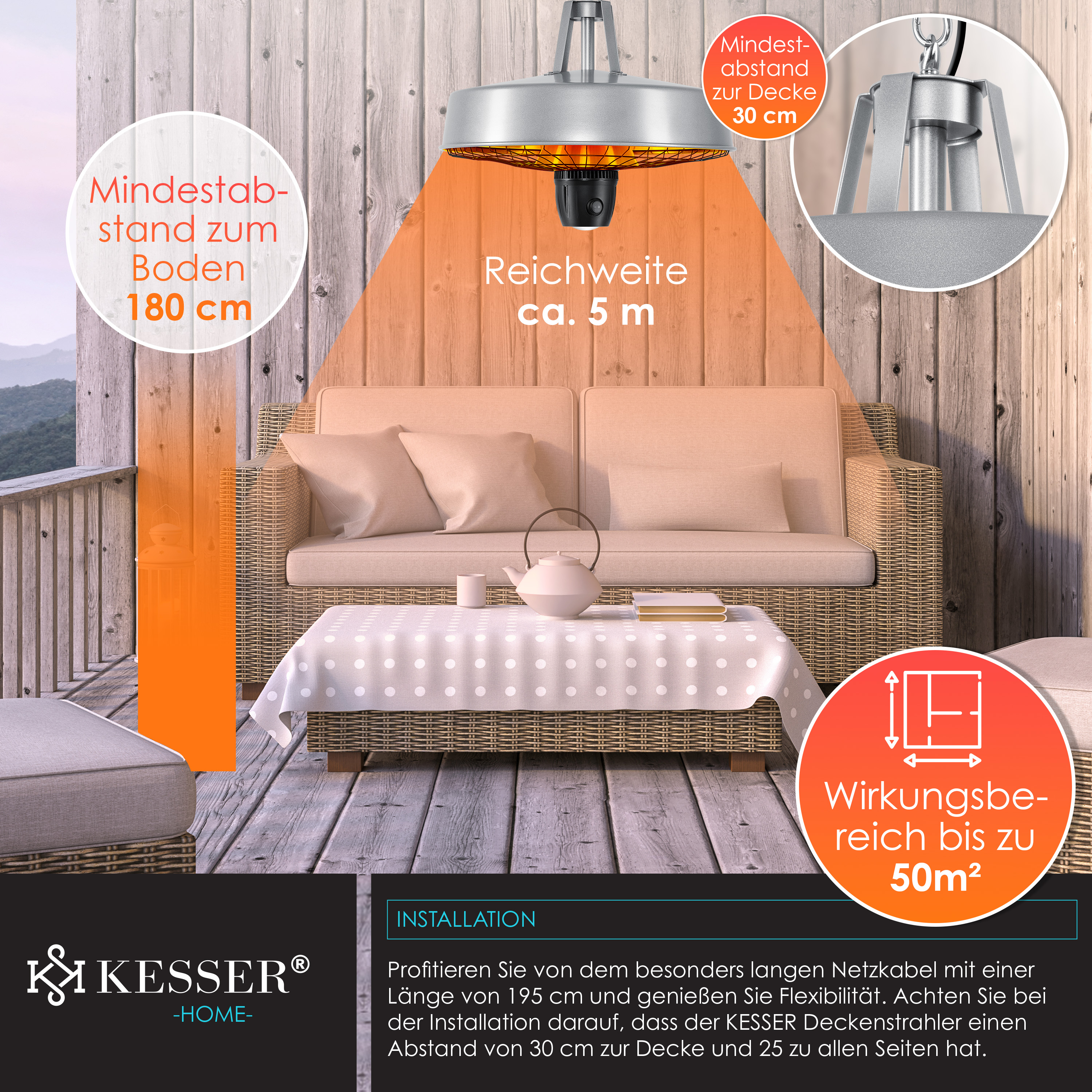 Deckenheizstrahler auf einer Holzterrasse mit Sofa, Teetisch und Infografiken zu Abstand und Reichweite.