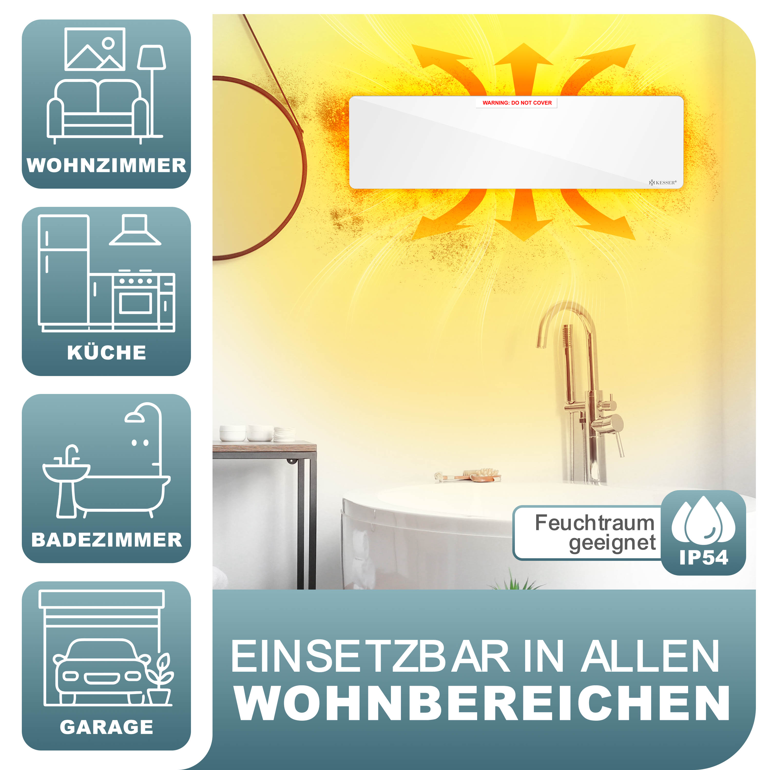 Wandheizung für Wohnzimmer, Küche, Bad und Garage, geeignet für Feuchträume.