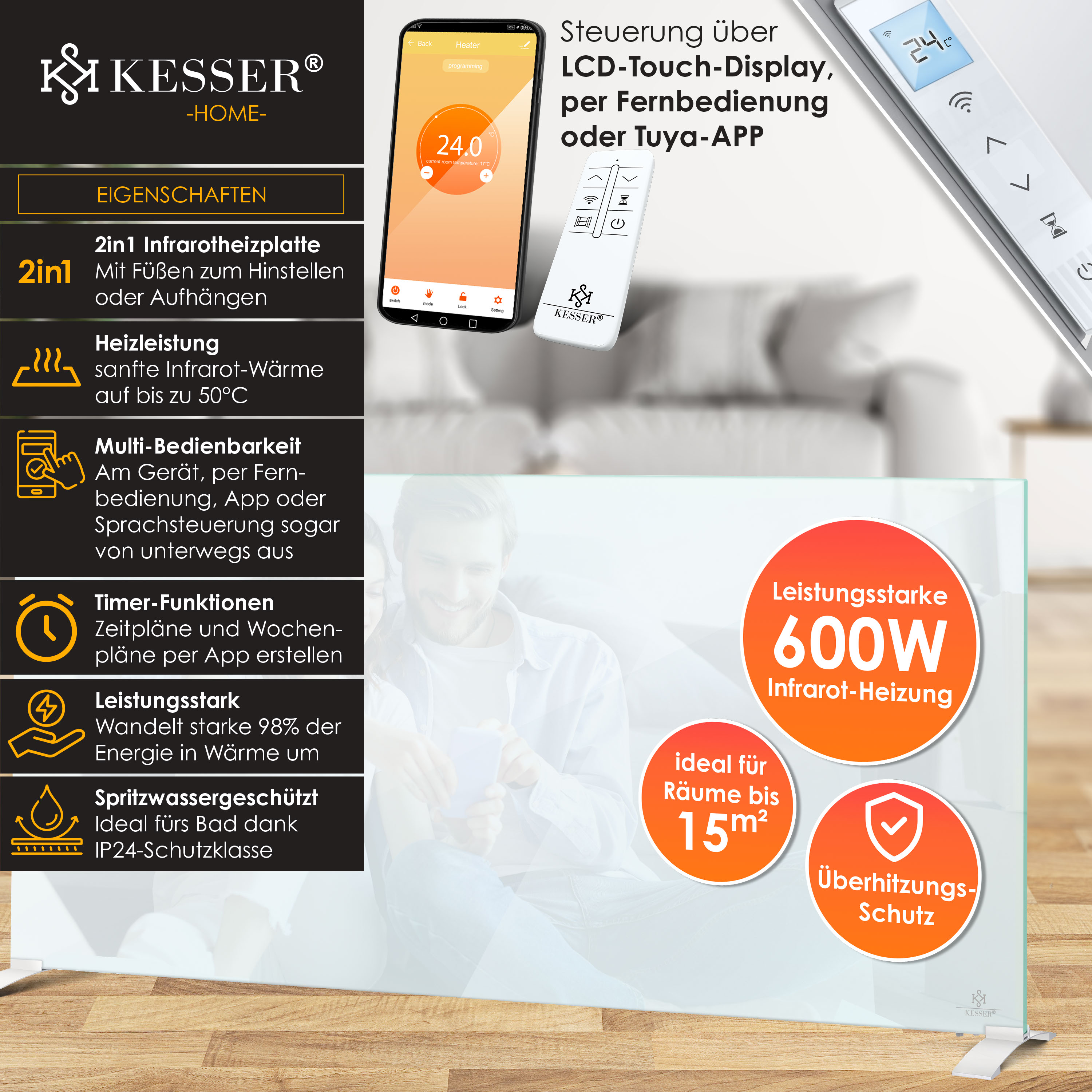 Kesser Infrarotheizung 600W mit App-Steuerung, Fernbedienung und Display im Wohnzimmer.