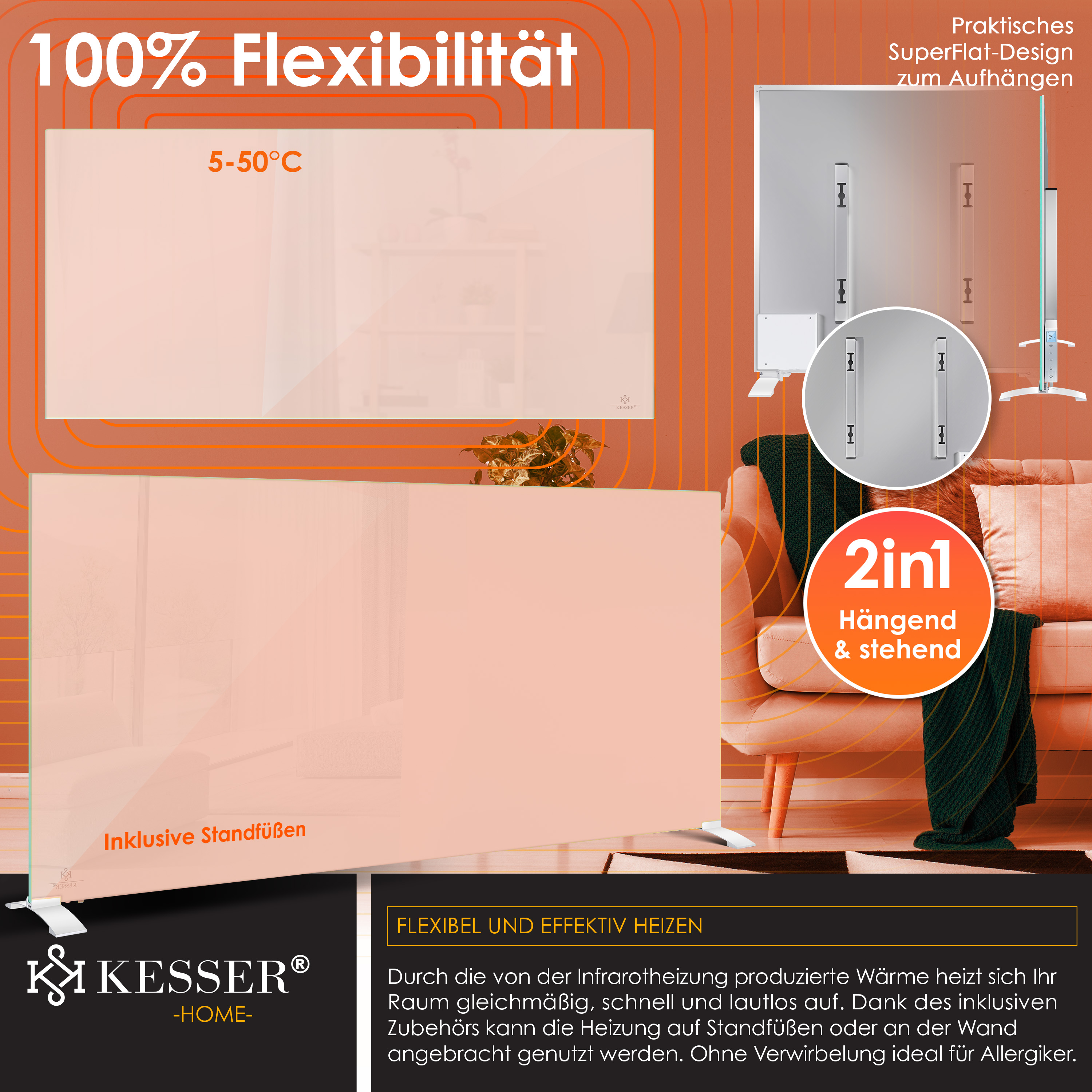 Kesser Infrarotheizung Banner zeigt flexible Wandmontage und Standoptionen im Wohnzimmer.