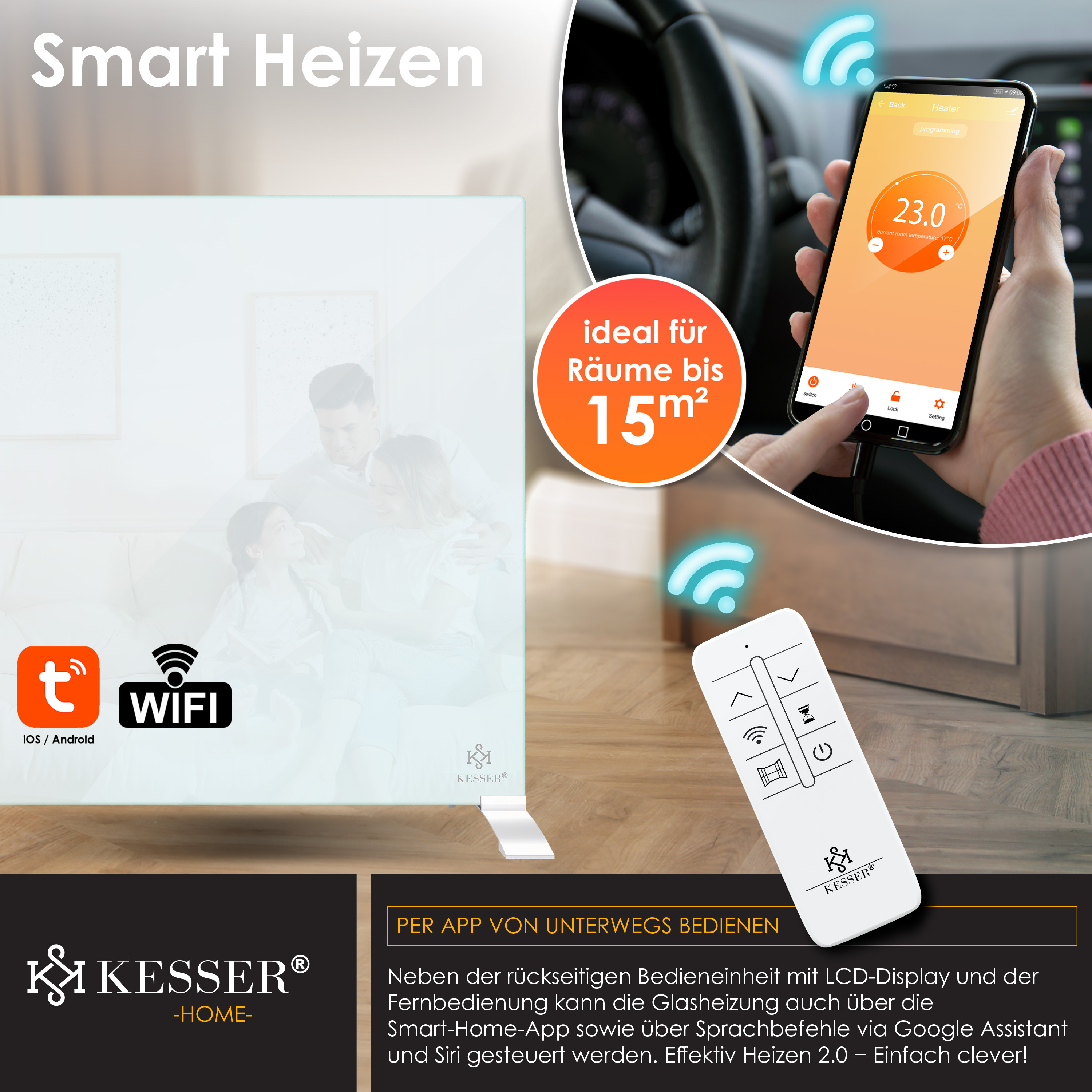 Glasheizung mit App- und Fernbedienung, ideal für Räume bis 15m².