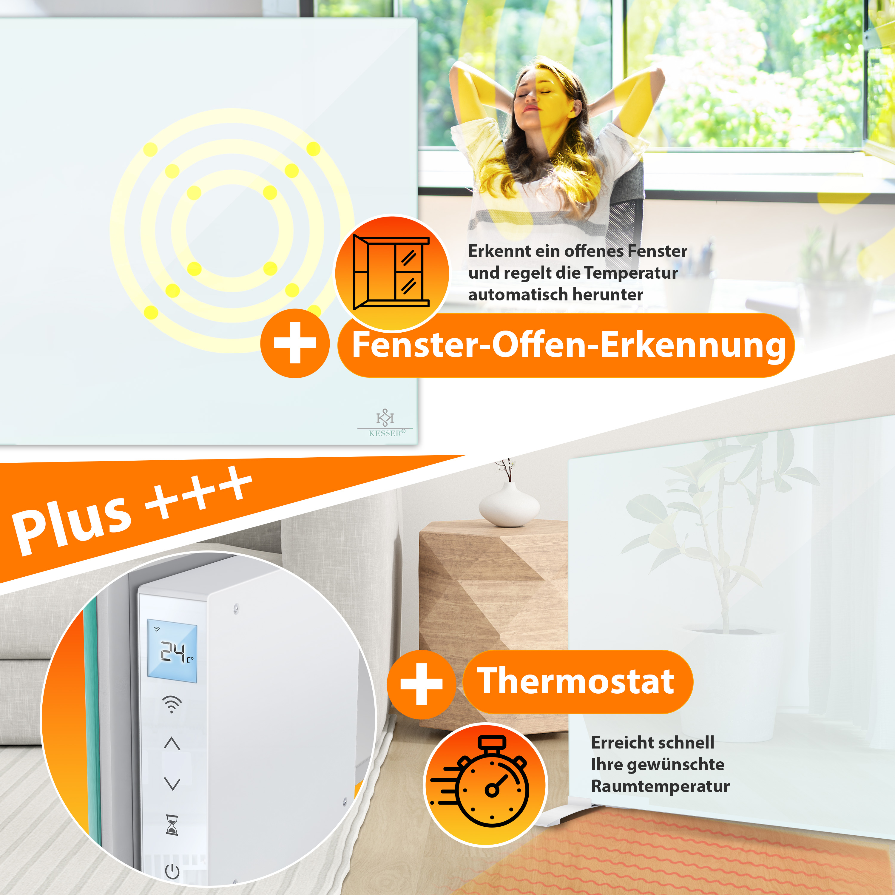 Ein Heizgerät mit Fenster-Offen-Erkennung und Thermostat für schnelle Temperaturregelung.