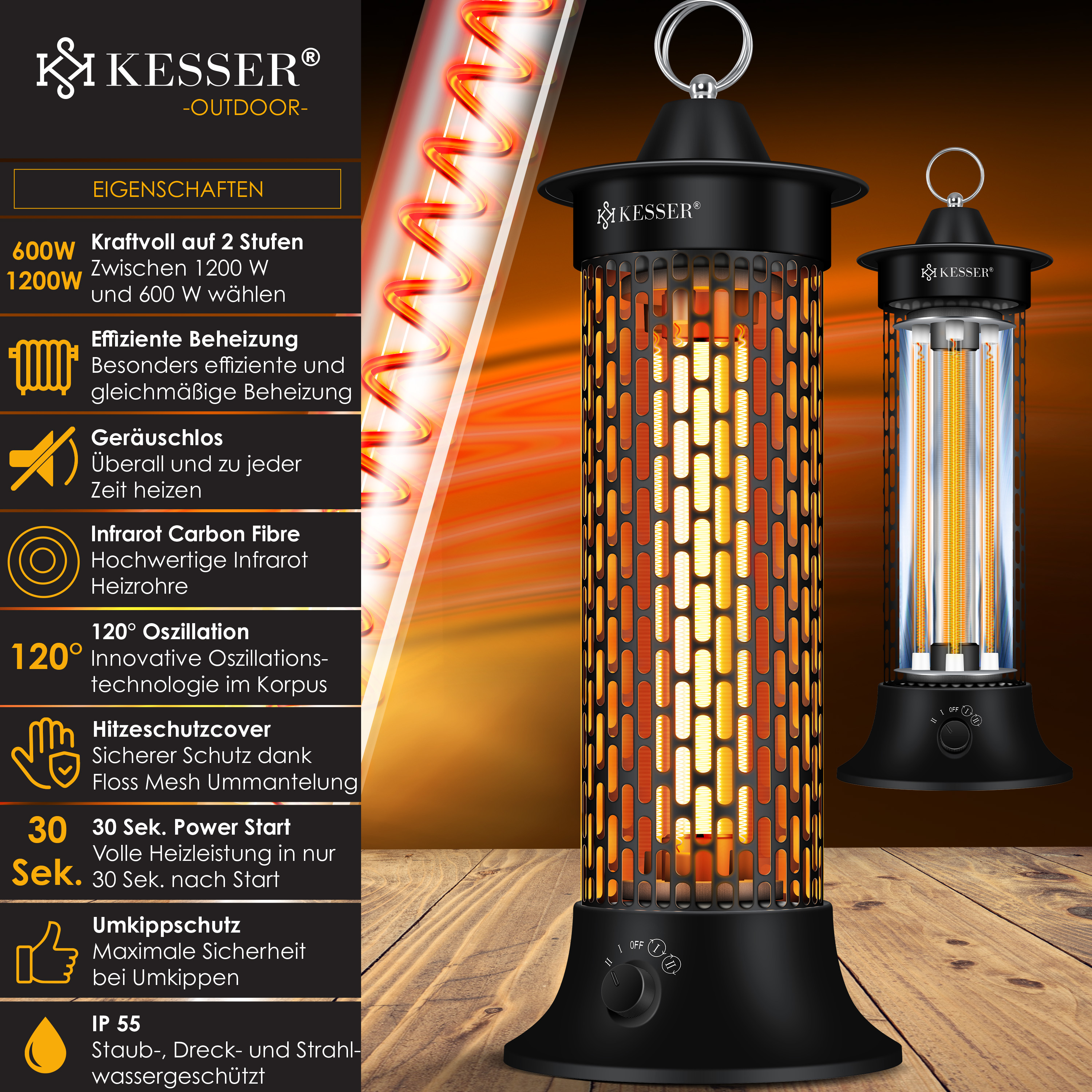 Kesser Infrarot-Heizstrahler mit Eigenschaften wie 1200W, Oszillation und IP55 auf Holztisch.