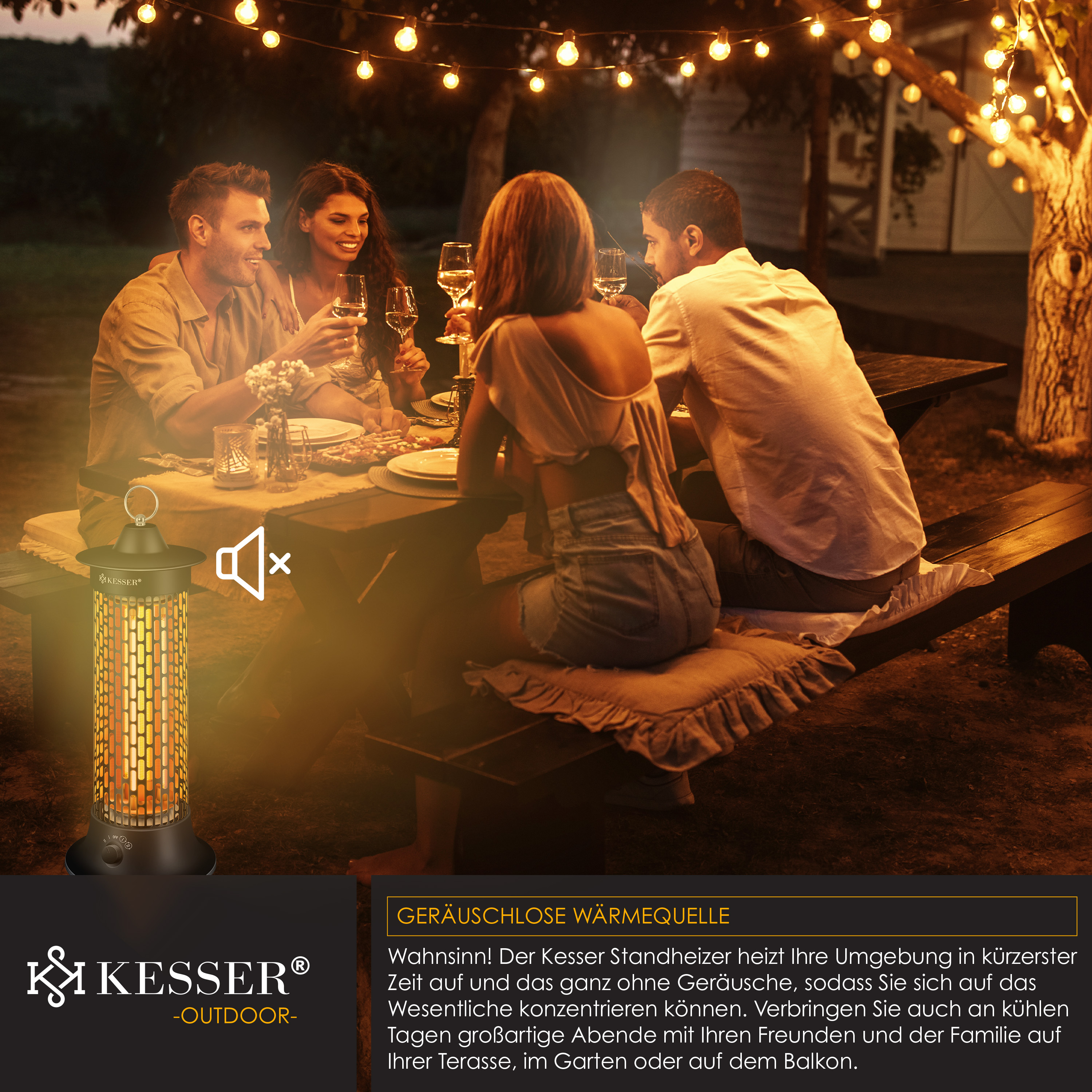 Freunde feiern abends im Garten an einem Holztisch, beleuchtet von Lichterketten und einem Standheizstrahler.