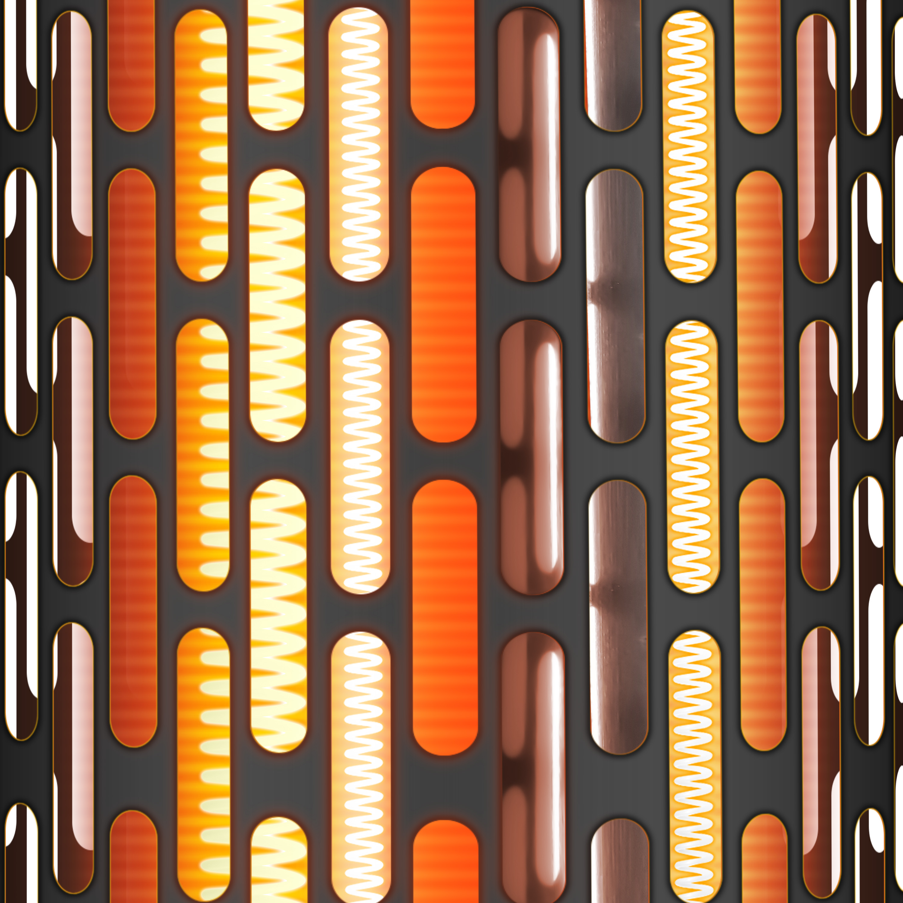 Ein Muster aus leuchtend orangen, gelben und metallischen vertikalen Kapselformen auf dunklem Hintergrund.