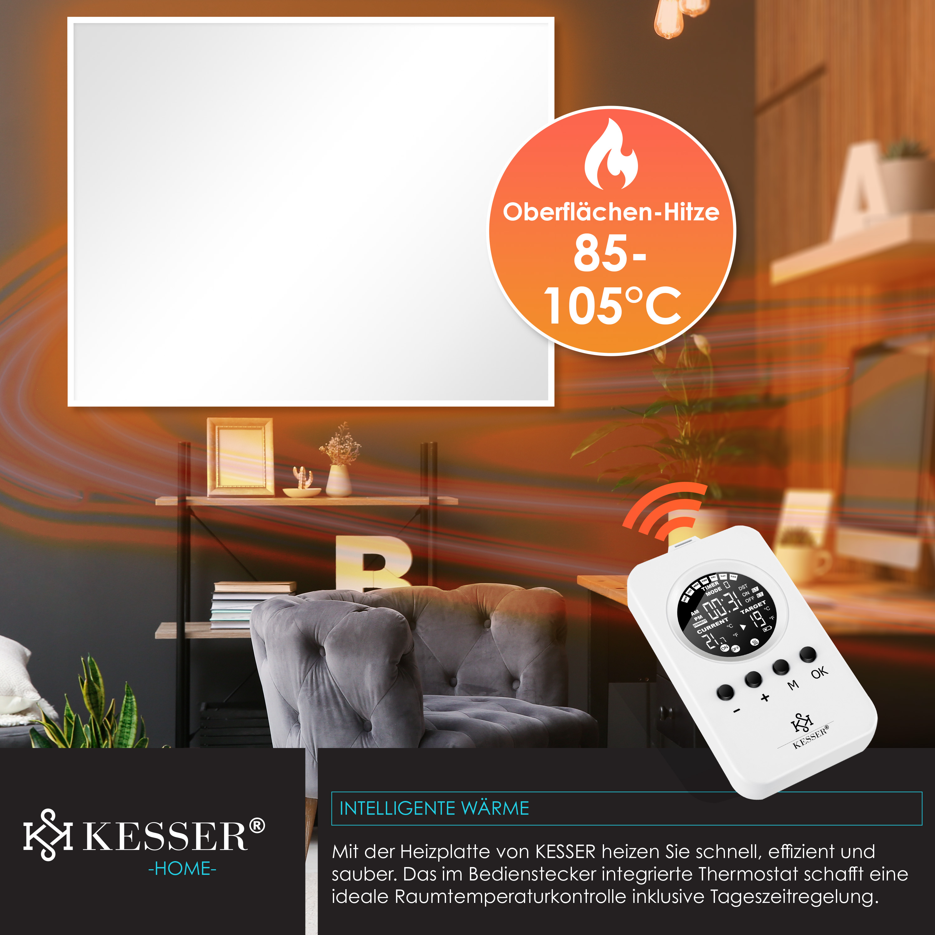 Eine weiße Kesser-Heizplatte an der Wand mit Thermostat im modernen Wohnzimmer.