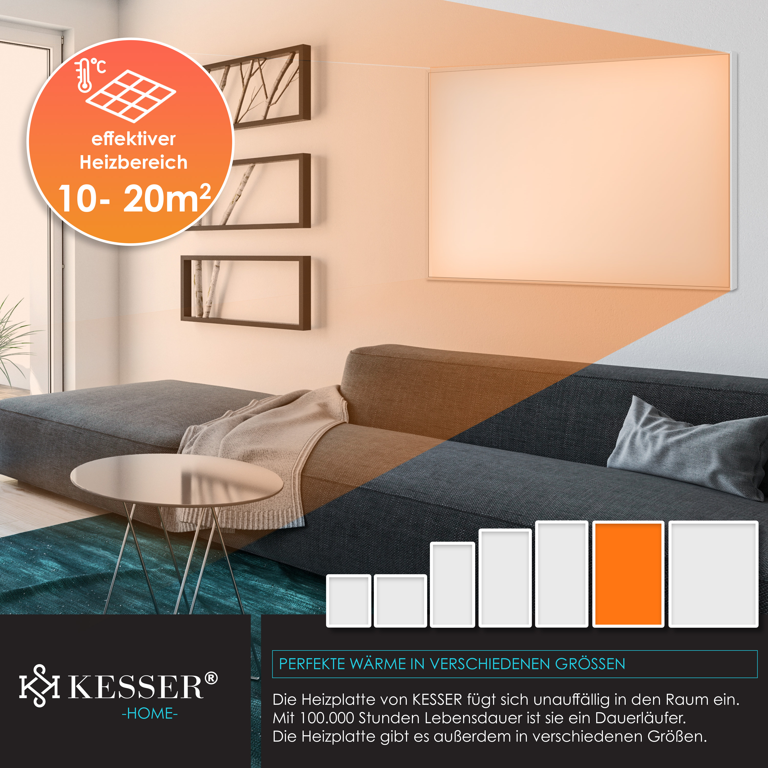 Wandheizung im Wohnzimmer mit Sofa, KESSER-Logo und orangefarbenem Bereichs-Overlay für 10-20 Quadratmeter.