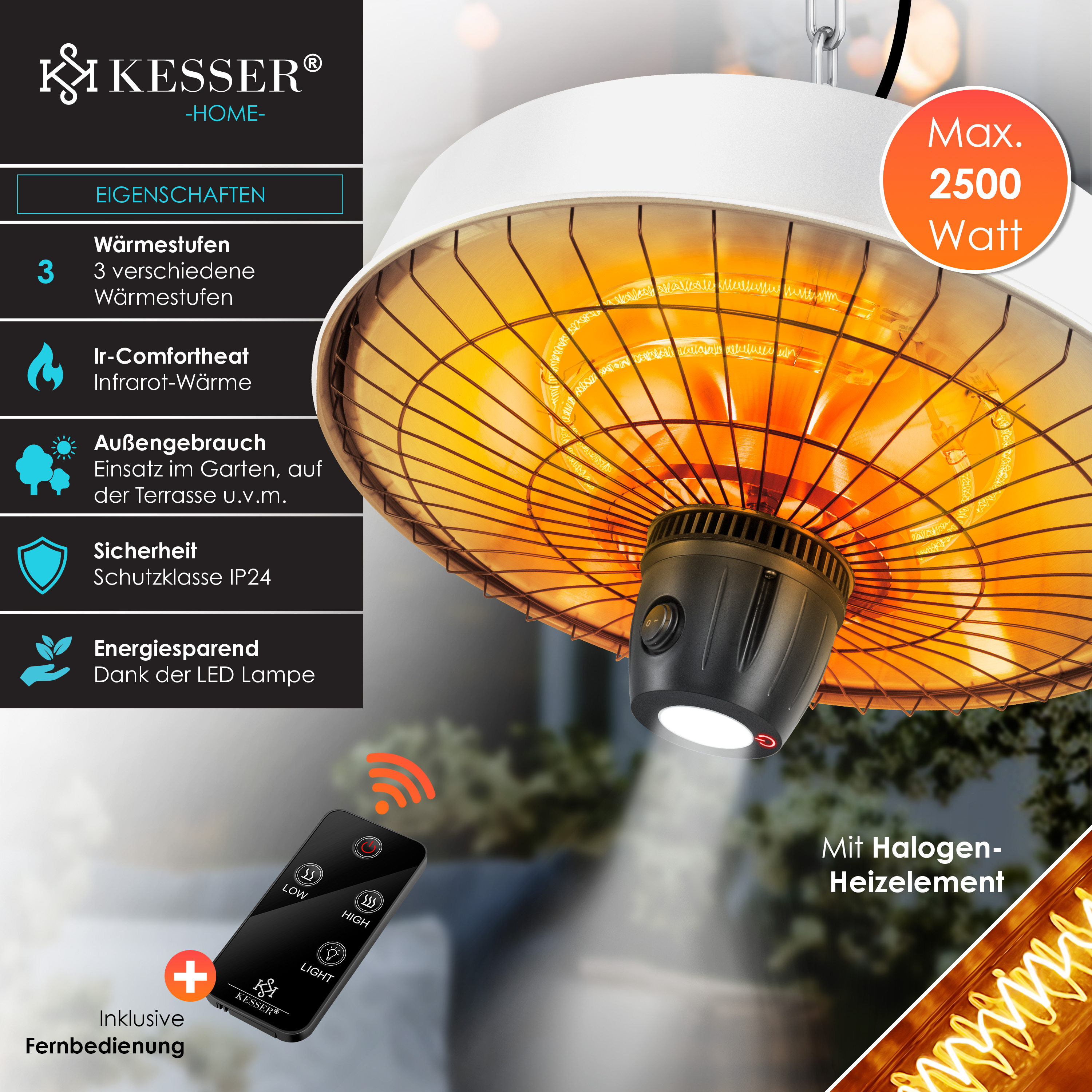 Kesser Infrarot-Heizstrahler mit 2500 Watt, Fernbedienung und Halogen-Heizelement für den Außenbereich.