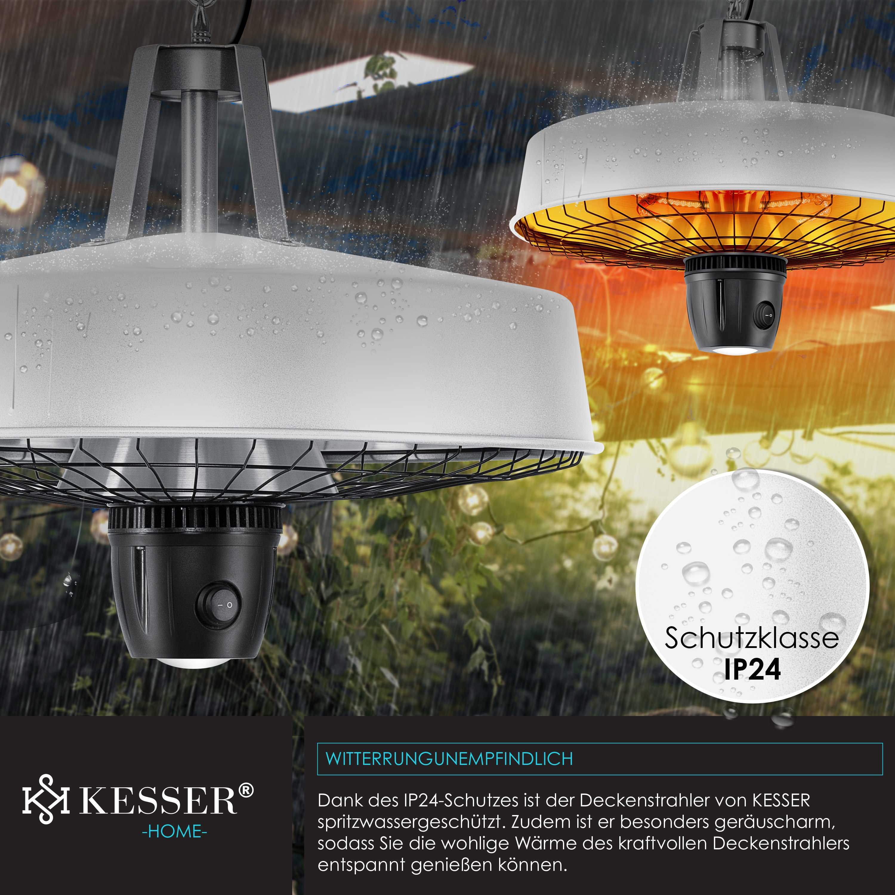 Wetterfester IP24 KESSER Deckenstrahler im Regen mit warmer Beleuchtung und Text.