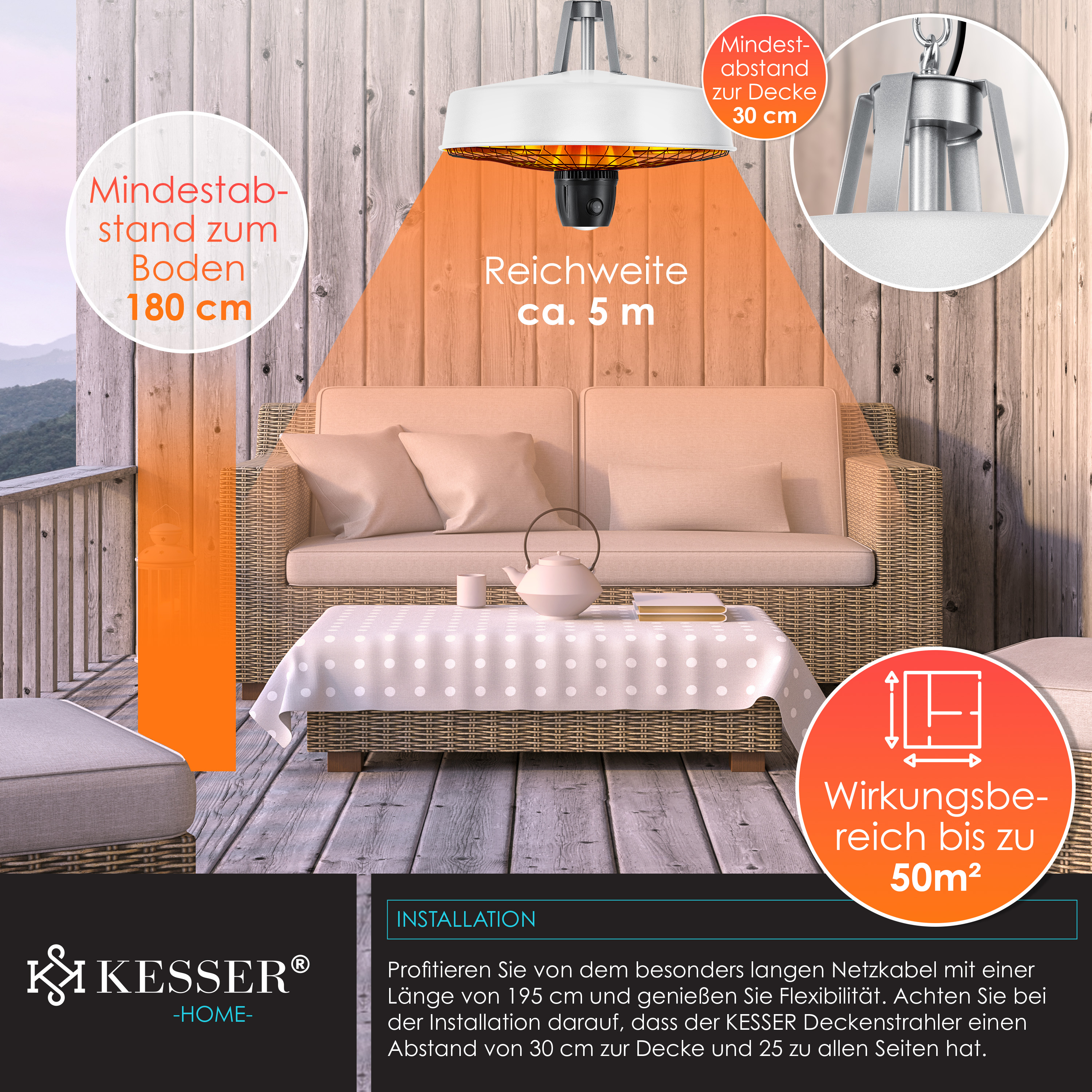 Deckenheizstrahler ueber einem Balkonsofa mit technischen Details und Installationshinweisen.