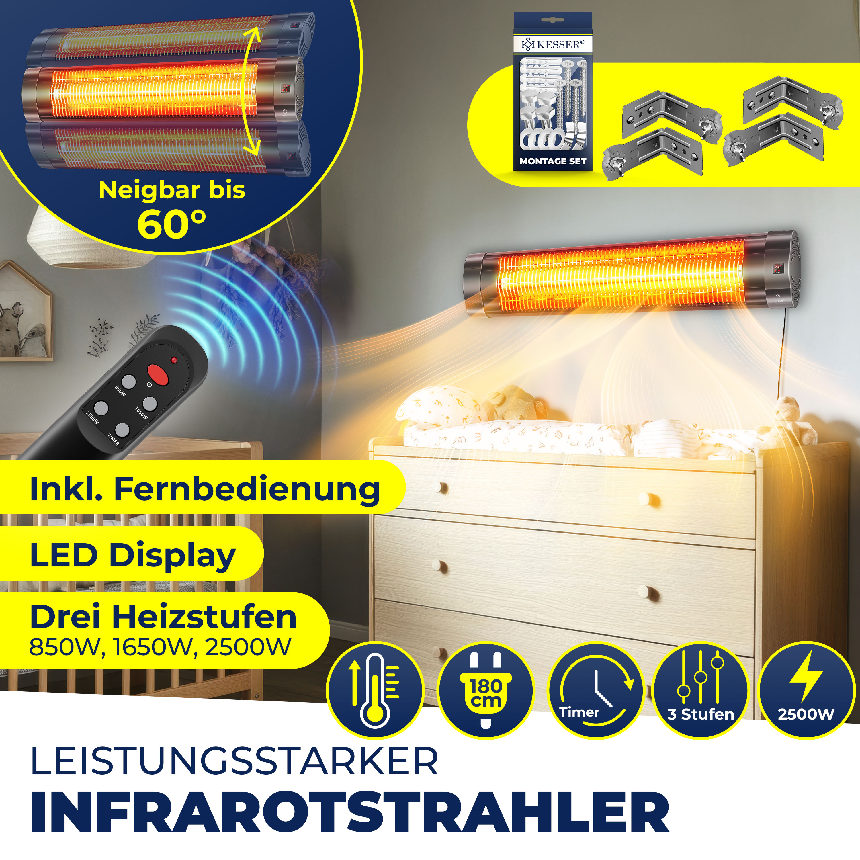 Wand-Infrarotstrahler mit Fernbedienung, LED-Display und drei Heizstufen über einem Wickeltisch.