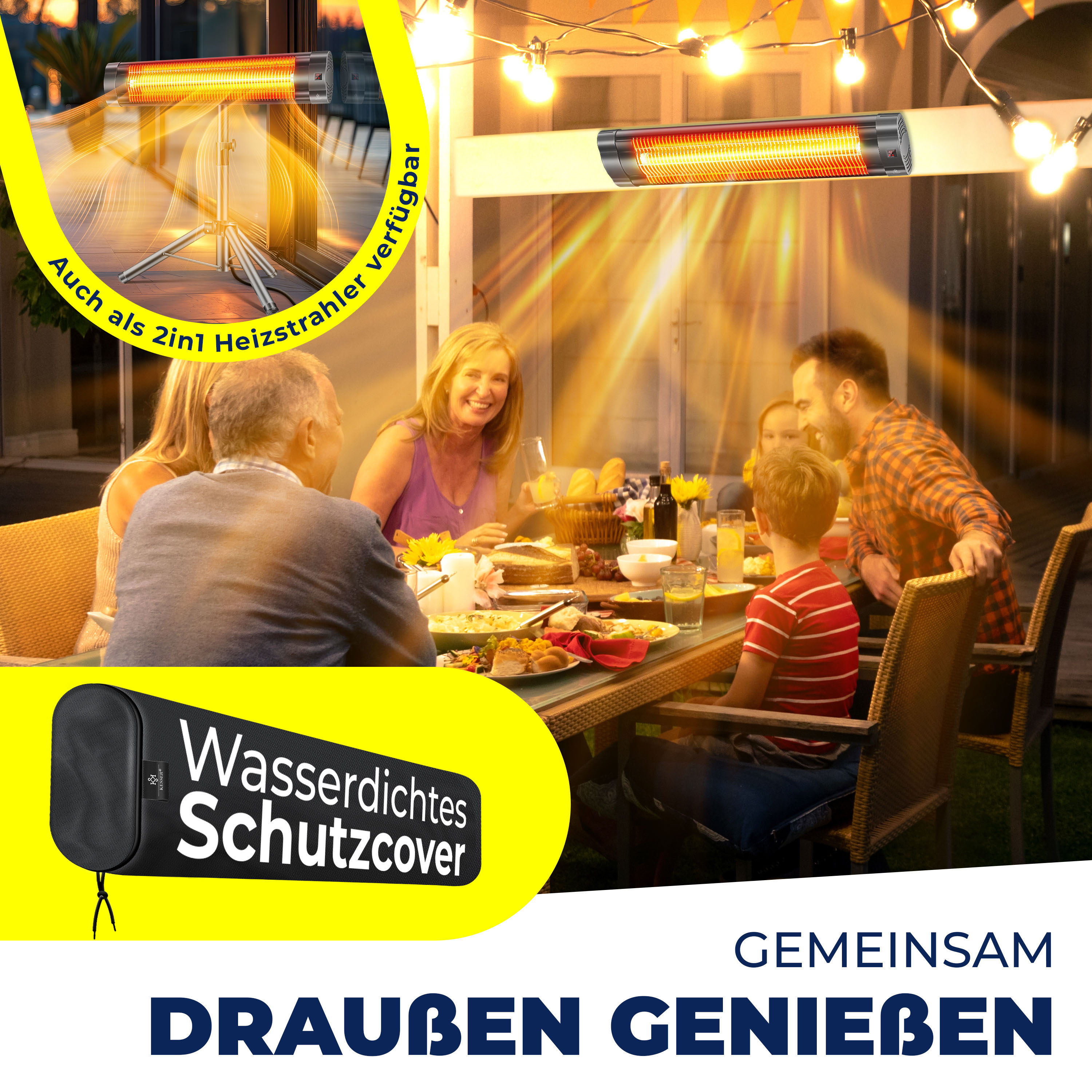 Eine Familie sitzt abends an einem gedeckten Tisch im Garten, beleuchtet von einem Infrarot-Heizstrahler oben.