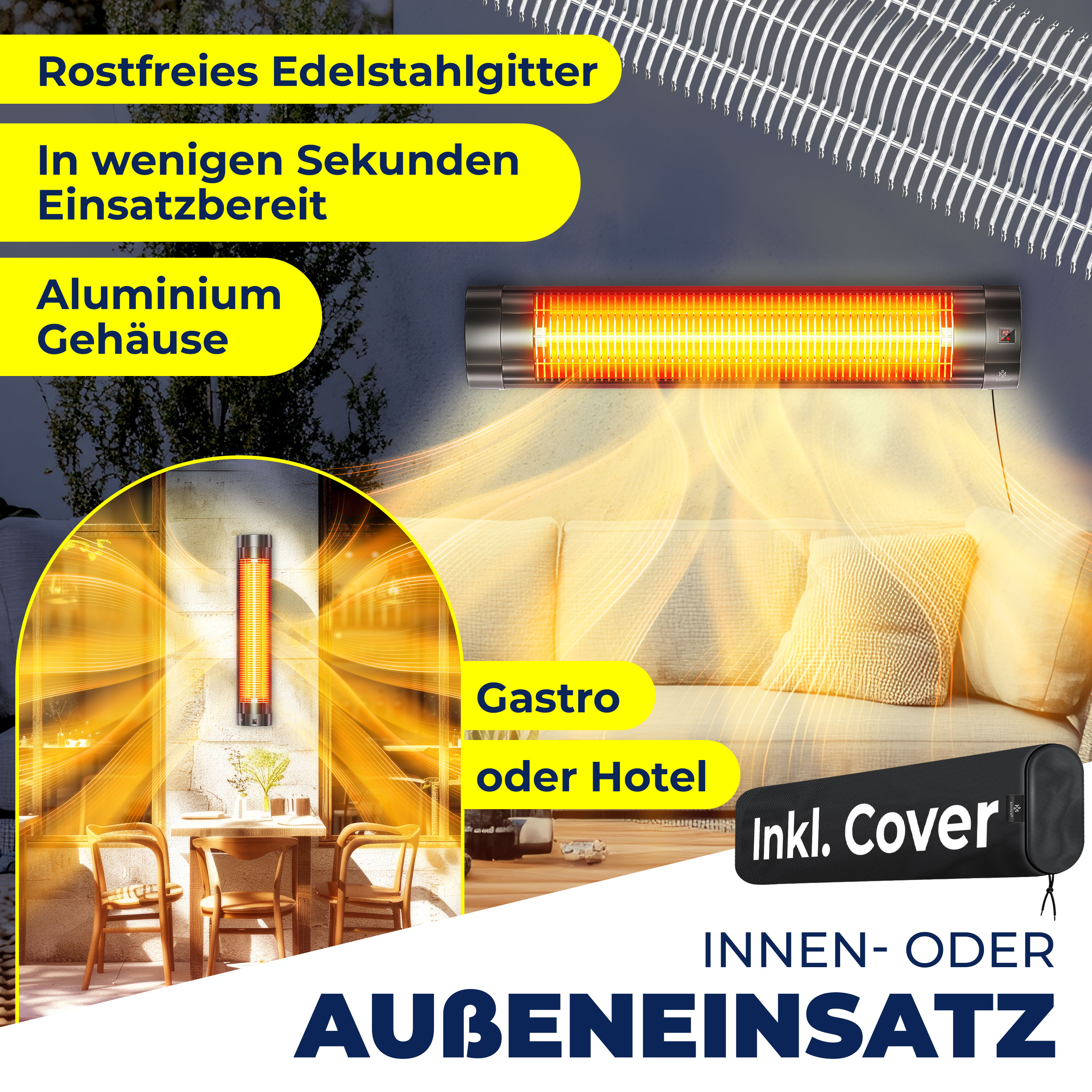 Ein wandmontierter Infrarot-Heizstrahler strahlt orangefarbene Hitze ab, gezeigt im Innen- und Außenbereich.