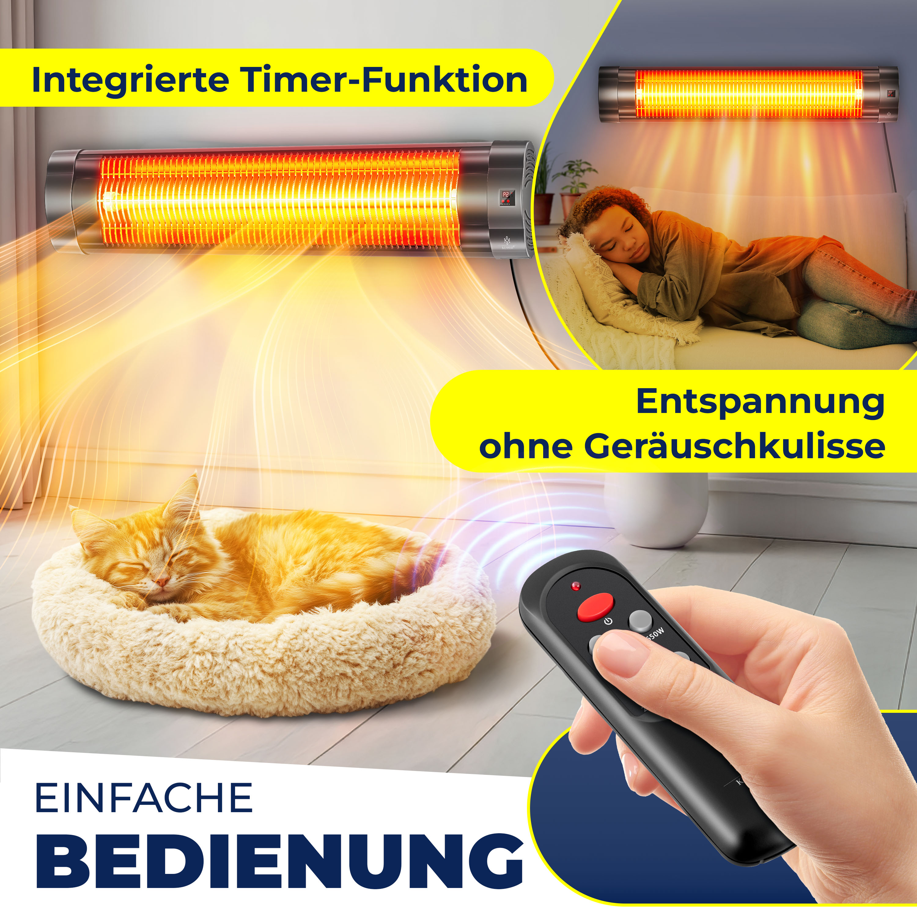 Ein Wand-Infrarotstrahler wärmt schlafende Katze und Person, bedienbar per Fernbedienung.