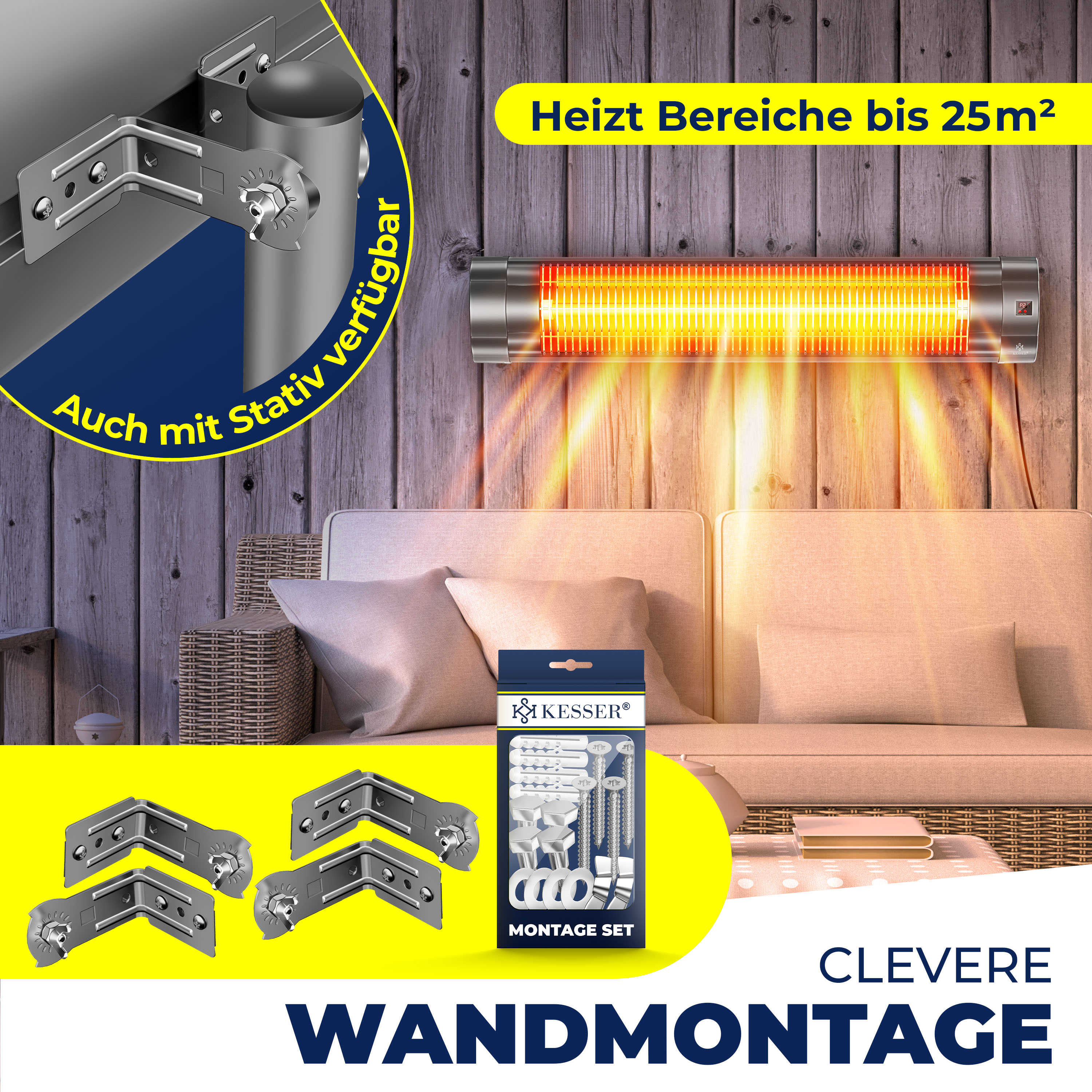Ein Wand-Infrarotstrahler strahlt warmes Licht über ein Sofa, gezeigt mit Montagezubehör und deutschen Texten.