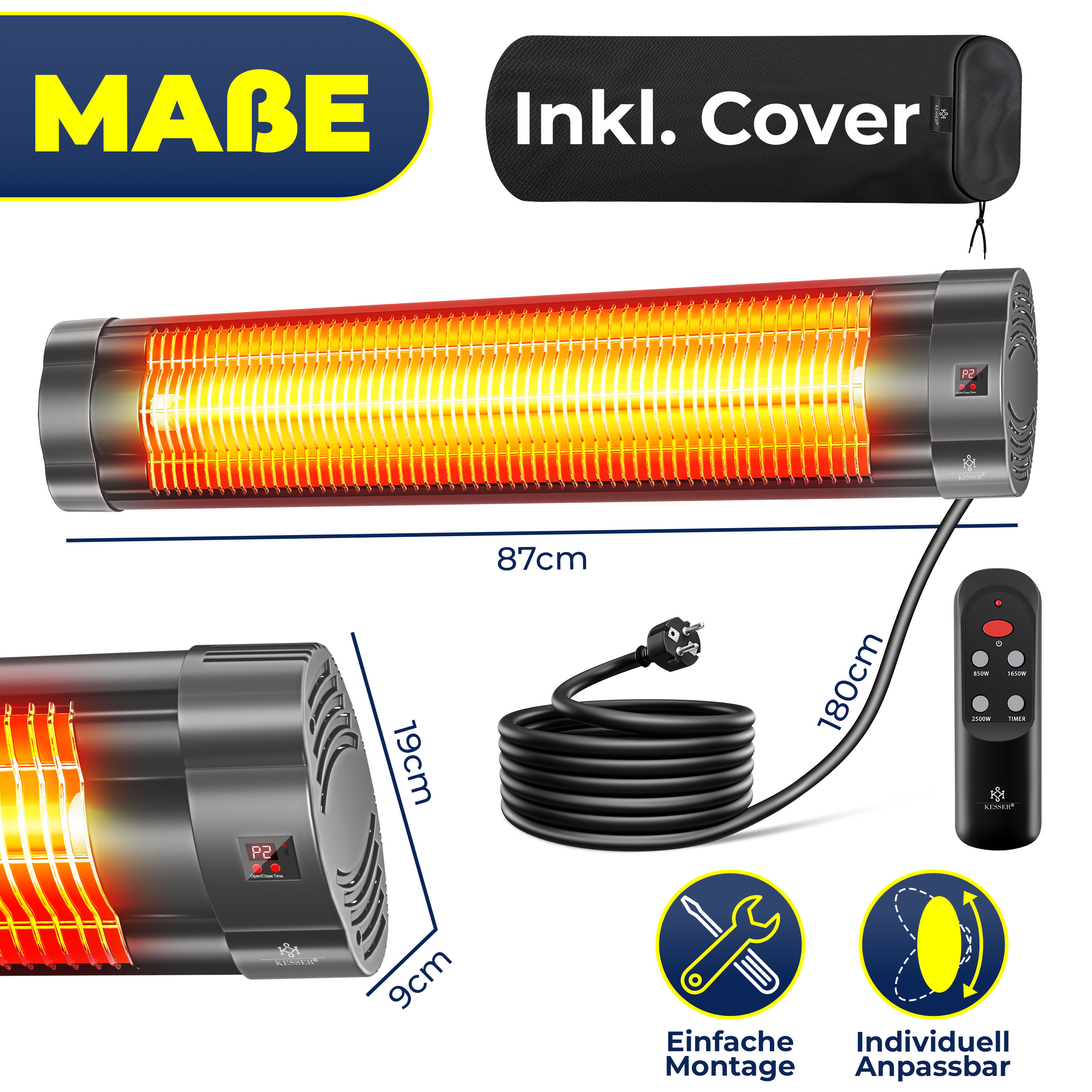 Infrarot-Heizstrahler mit Fernbedienung, Kabel, Maßen, Cover und Montagesymbolen.