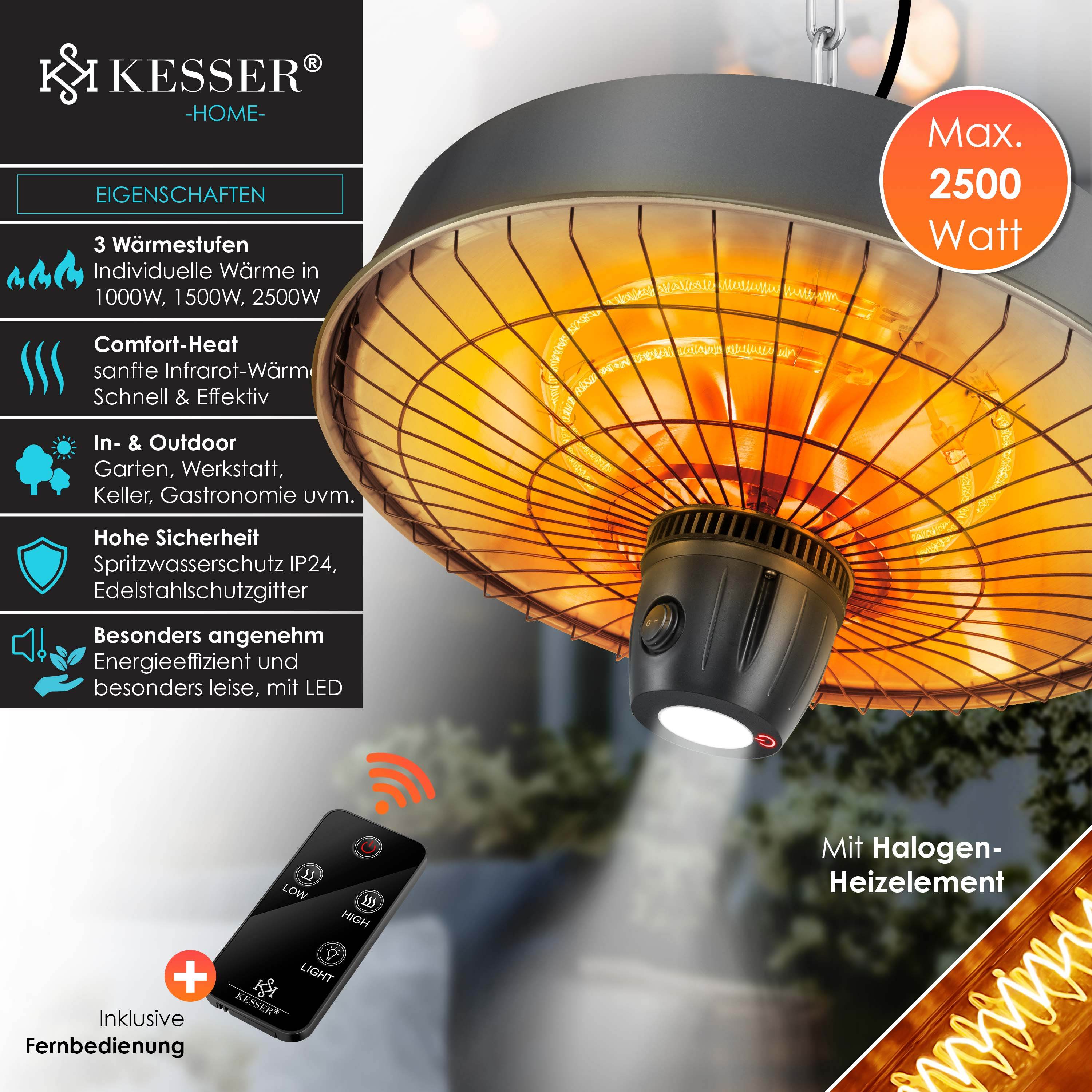 Schwarzer Kesser Infrarot-Heizstrahler mit 2500W, Fernbedienung und heller Halogen-Heizspirale.