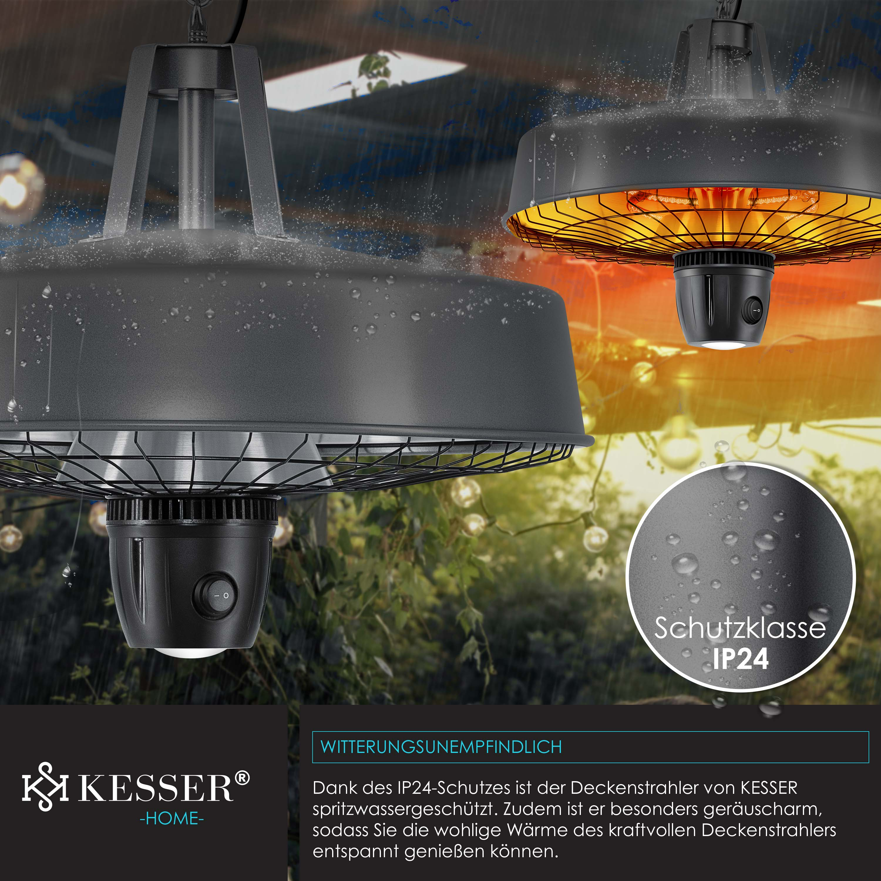Wetterfester IP24 Deckenstrahler von KESSER mit spritzwassergeschütztem Design für wohlige Wärme.