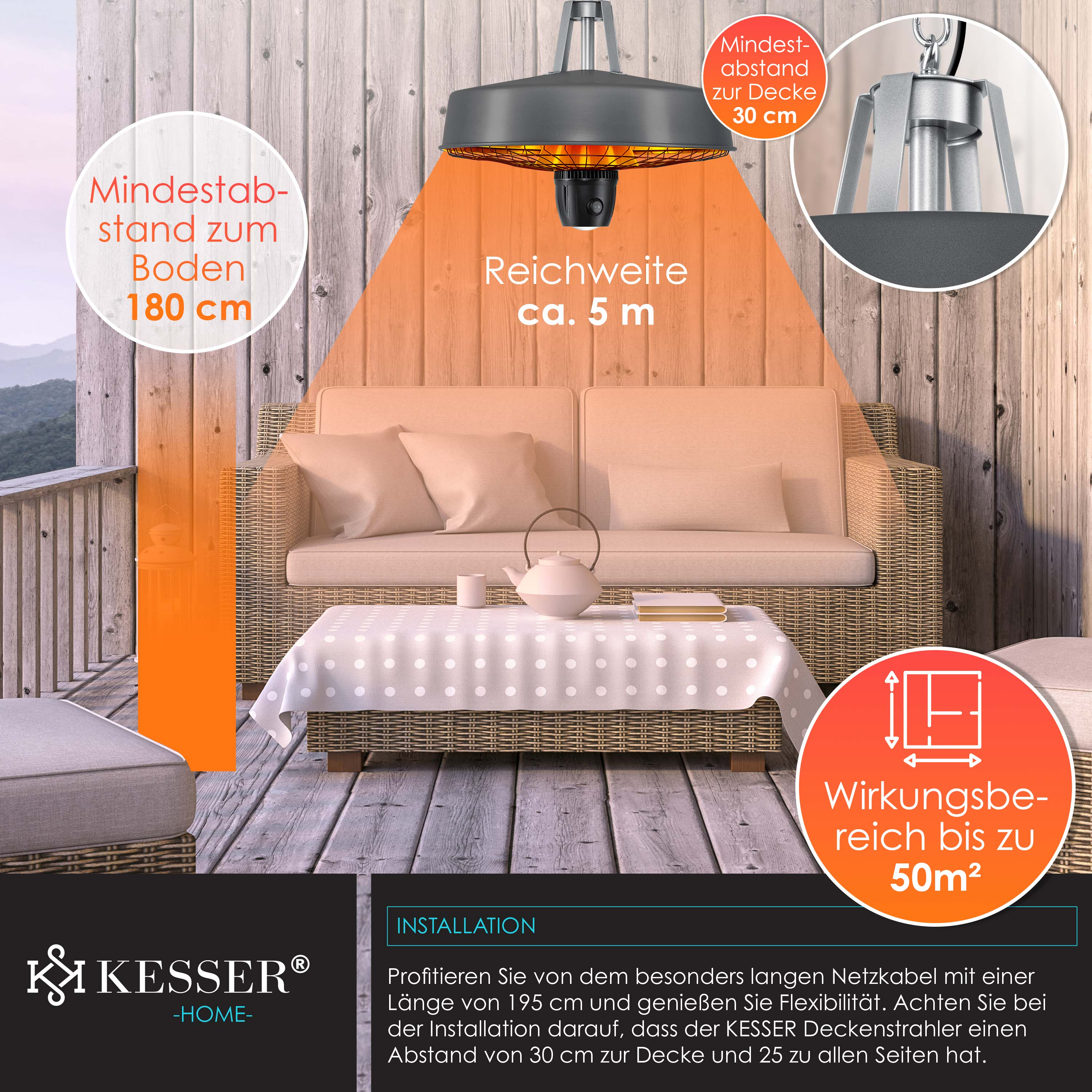 Ein Kesser Deckenheizstrahler hängt über einem Sofa auf einer Holzterrasse mit erklärenden Infografiken.