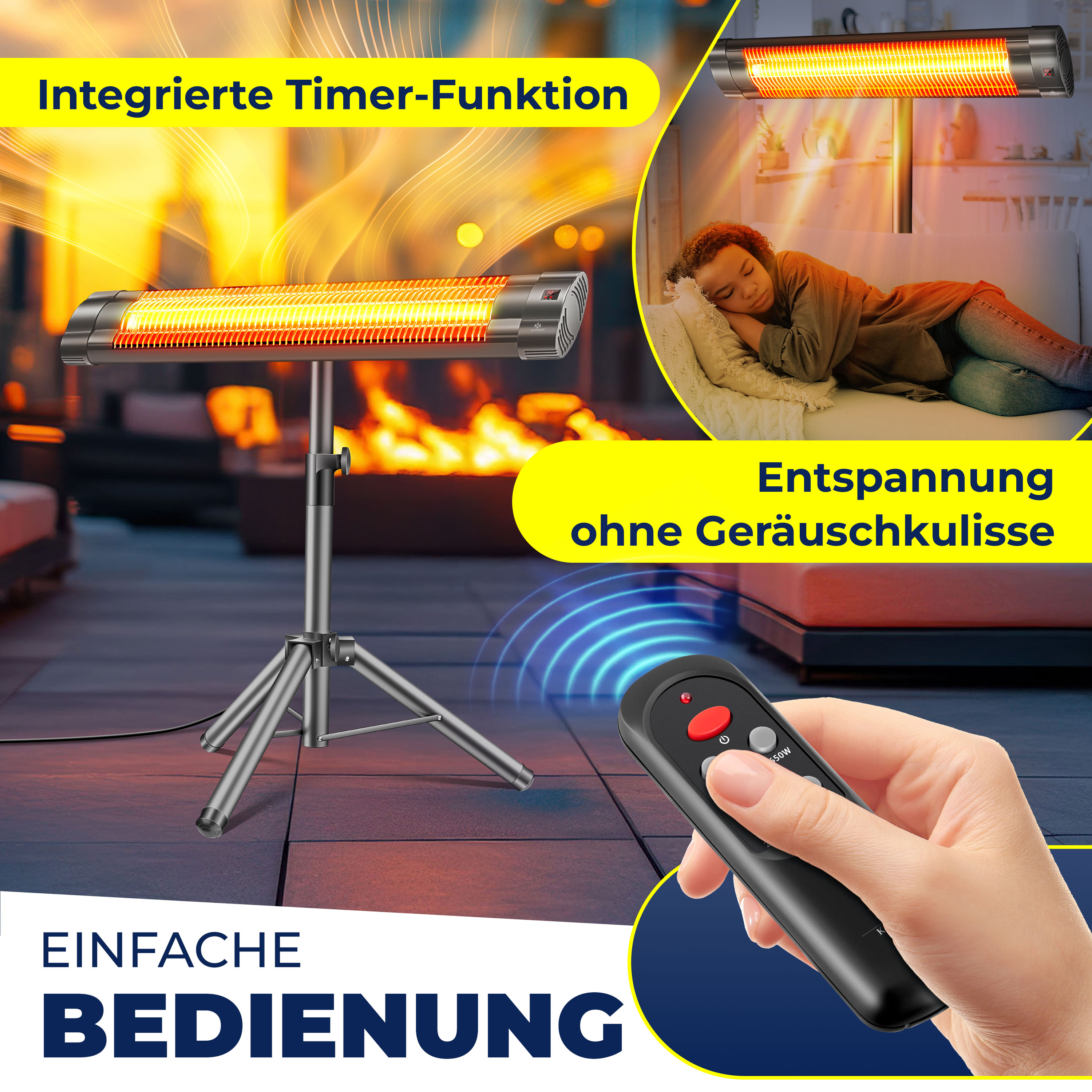 Ein elektrischer Terrassenstrahler auf einem Stativ mit Fernbedienung und Person im Hintergrund.