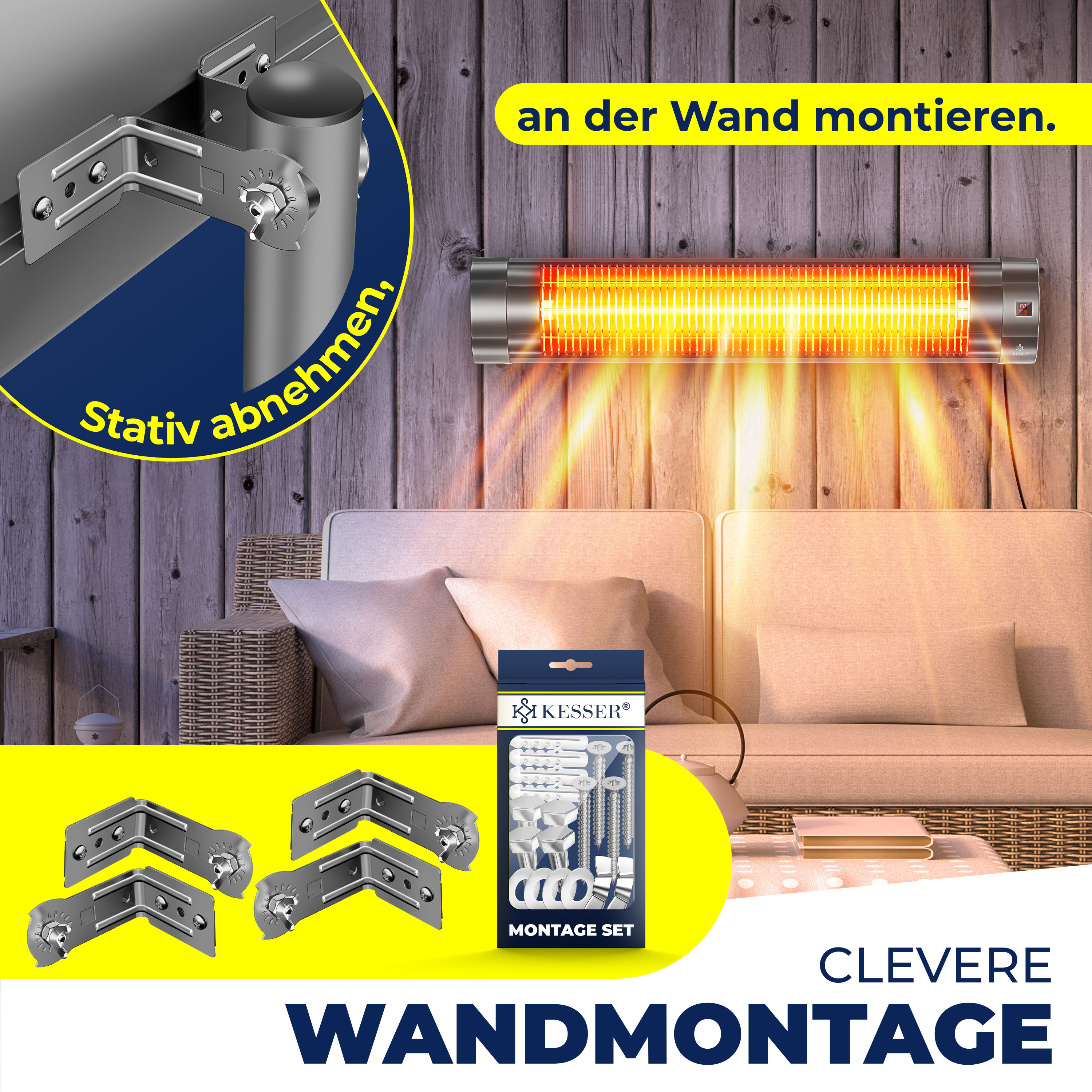 Wandmontierter Infrarot-Heizstrahler über einem Sofa mit Montagezubehör und Texten.