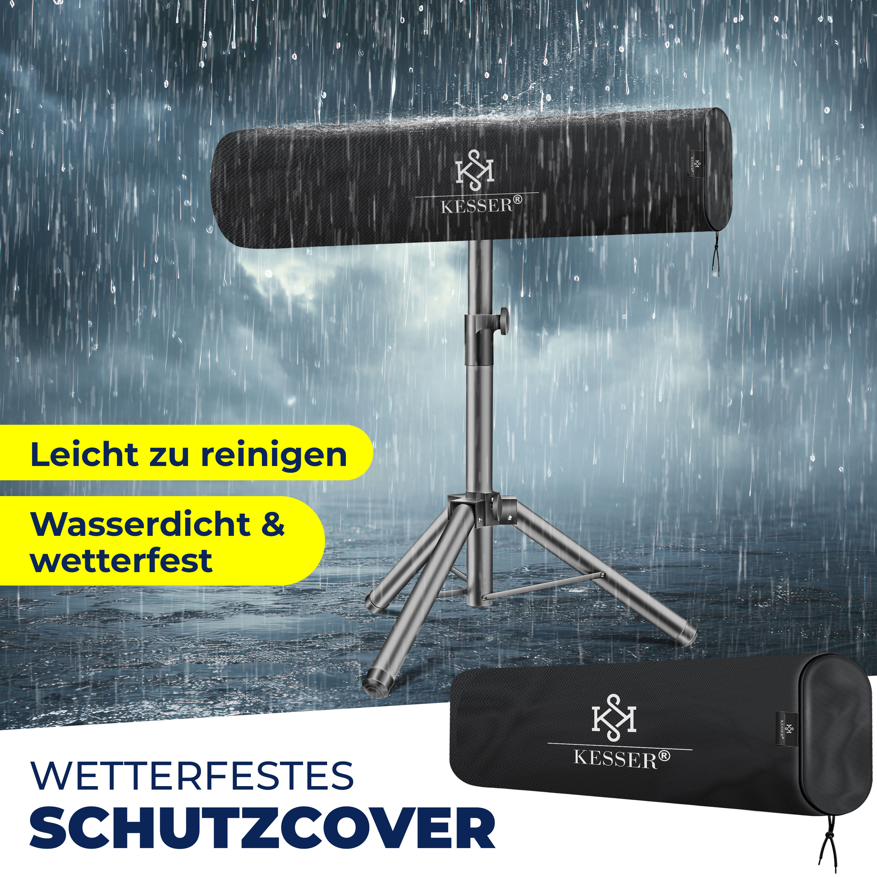 Eine schwarze Kesser Schutzhülle auf Metallständer im Regen, mit zweiter Hülle am Boden.
