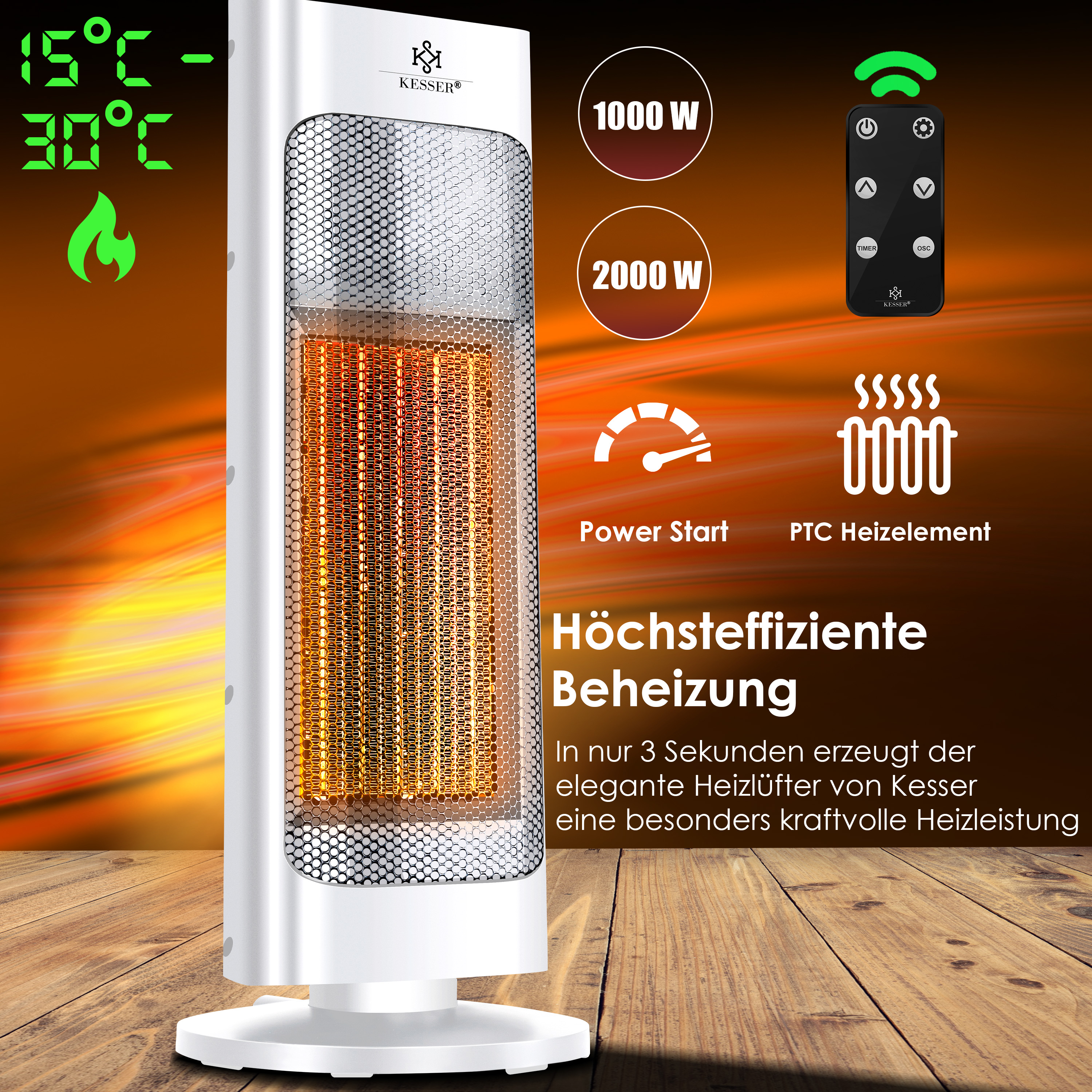 Weißer Kesser Heizlüfter mit orangem Glüheffekt auf Holzoberfläche, inklusive Fernbedienung und Leistungsanzeige.