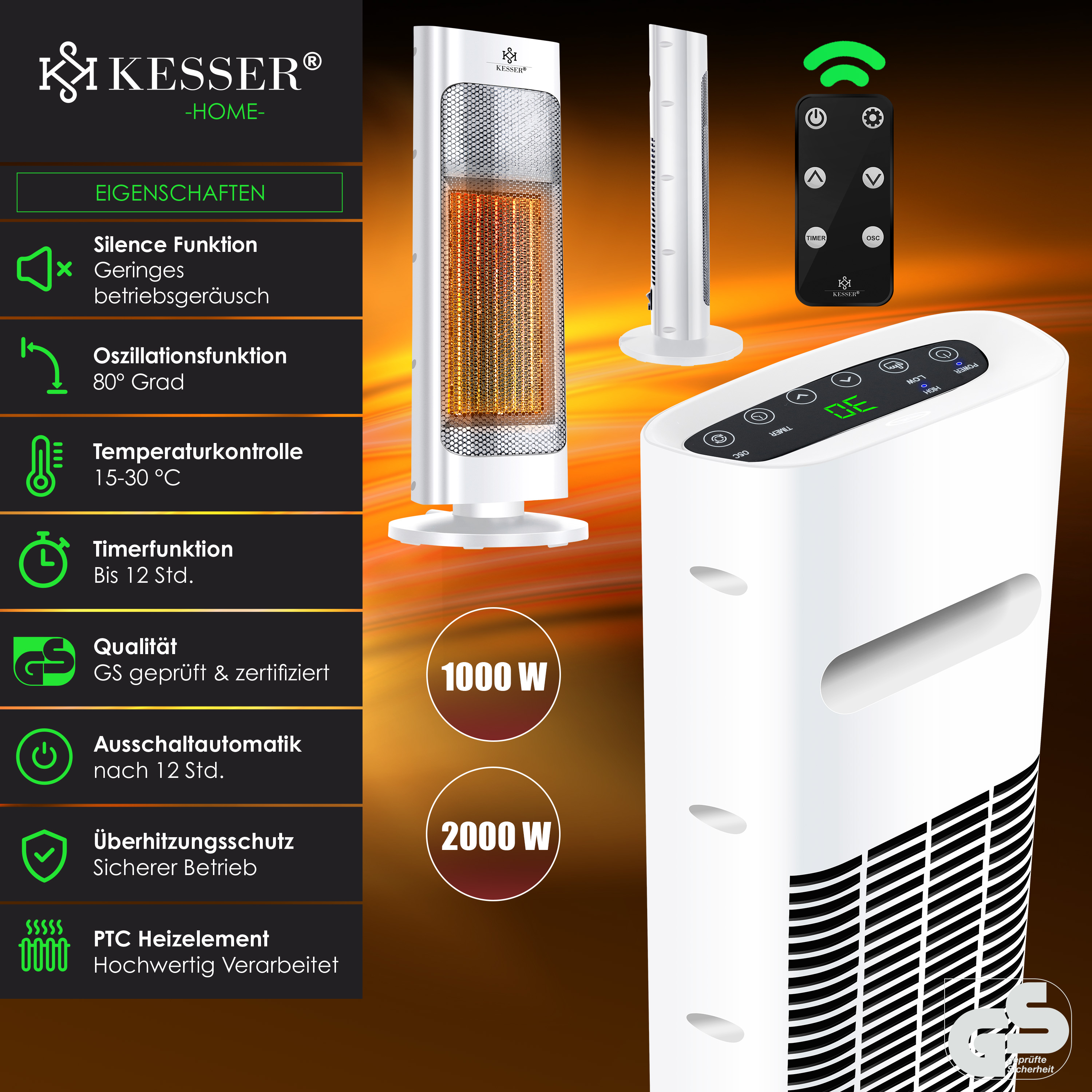 Weißer Kesser Turmheizlüfter mit Oszillation, Fernbedienung, Digitaldisplay und mehreren Sicherheitsfunktionen.