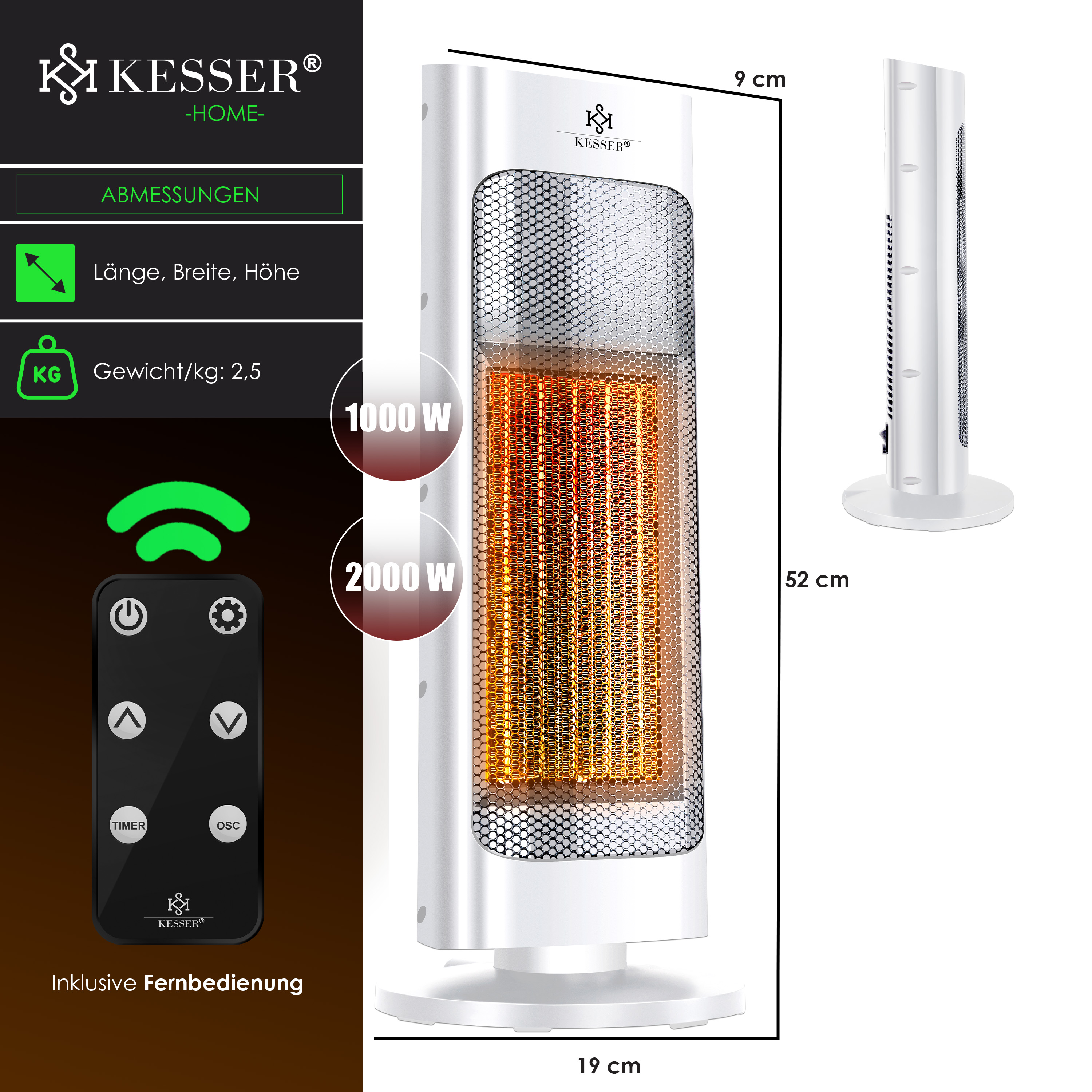 Weißer Kesser Turmheizlüfter mit Abmessungen, 1000W/2000W und Fernbedienung.